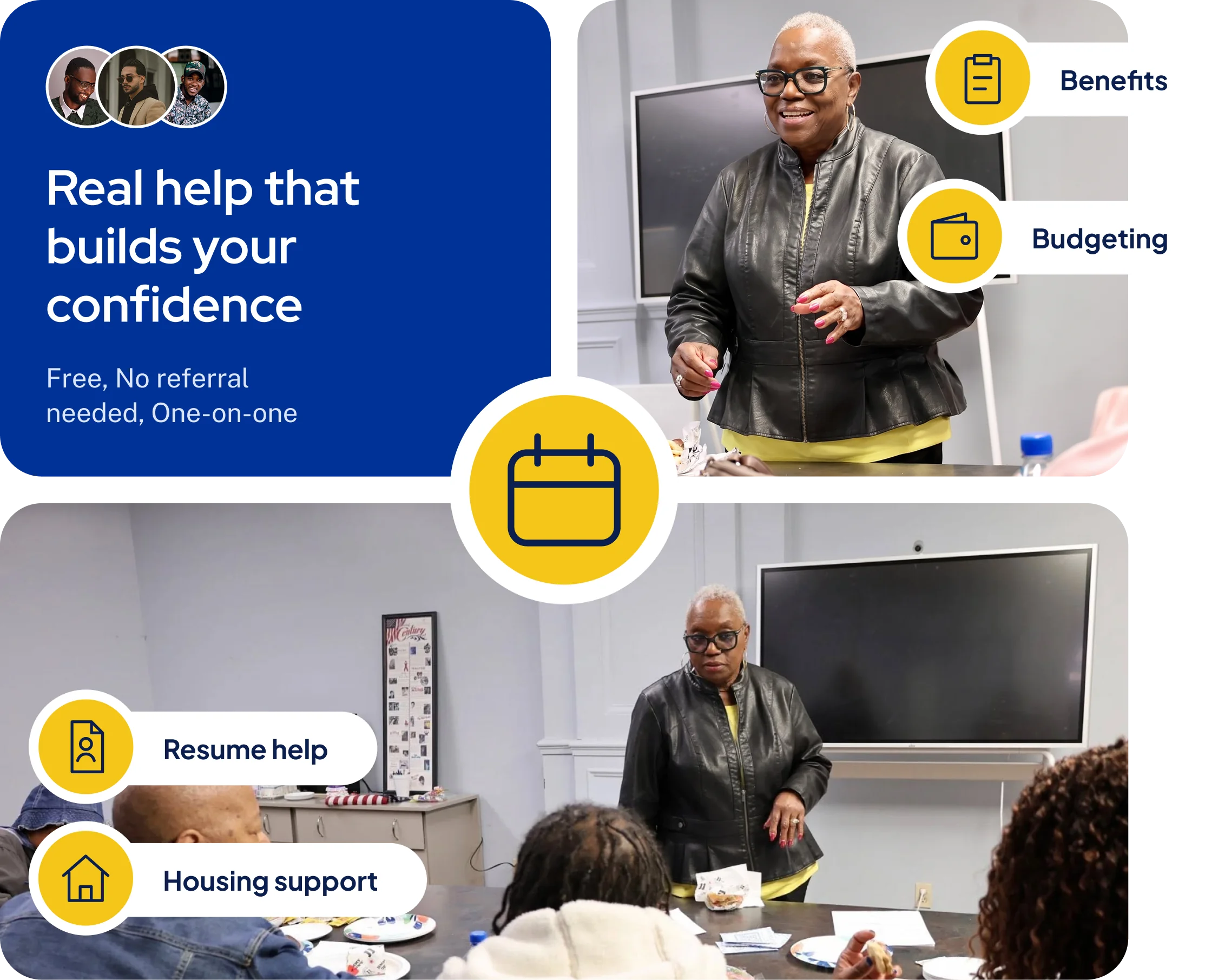 A Community Navigator leading a session, with benefits, budgeting, resume help and housing support called out