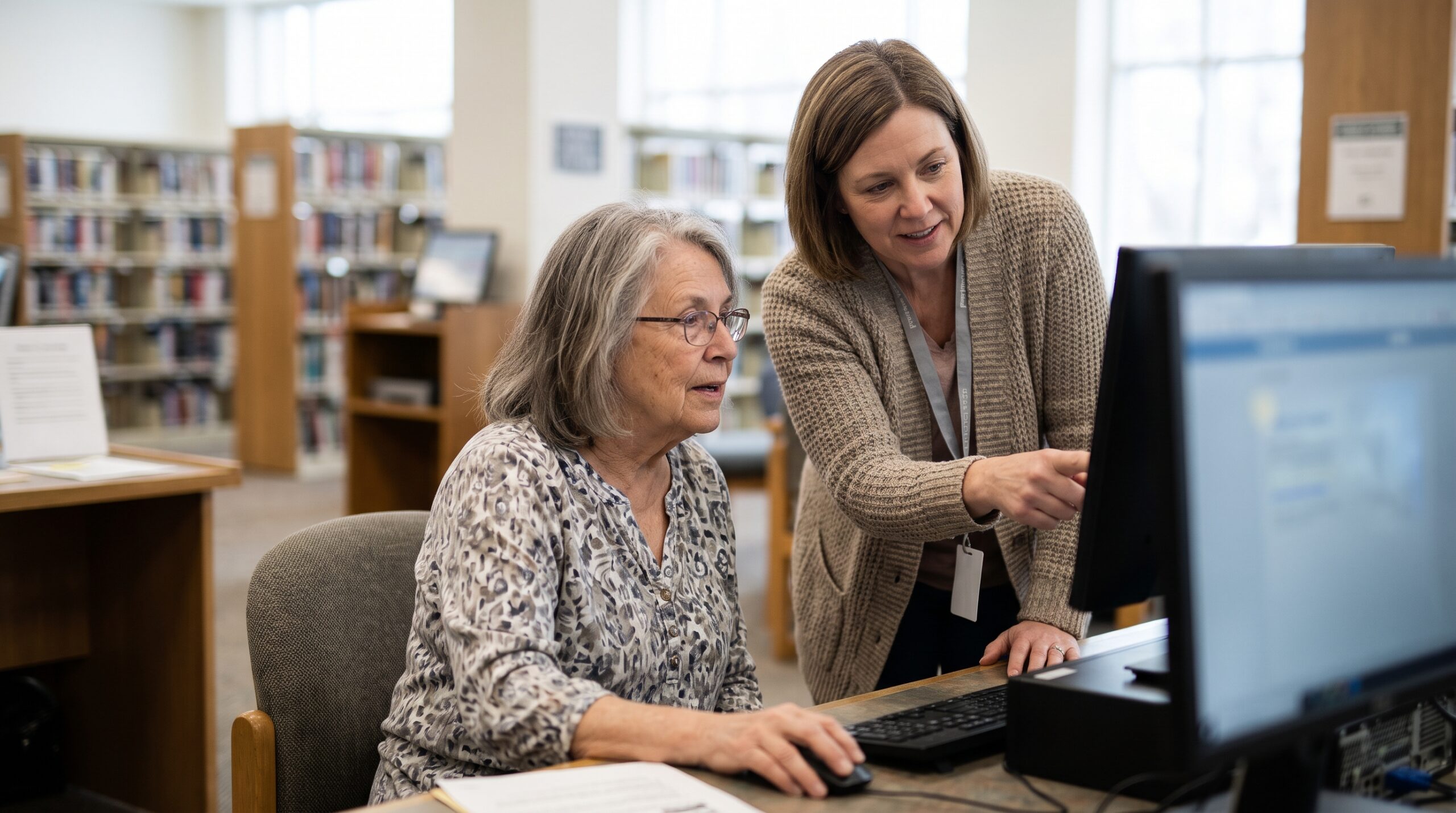 Older woman at a library computer with a volunteer helping her fill out an online application