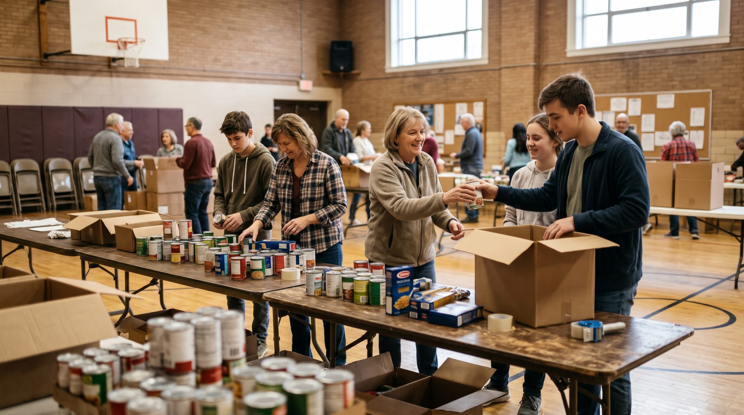 Volunteers of mixed ages sorting canned goods on folding tables at a community food drive