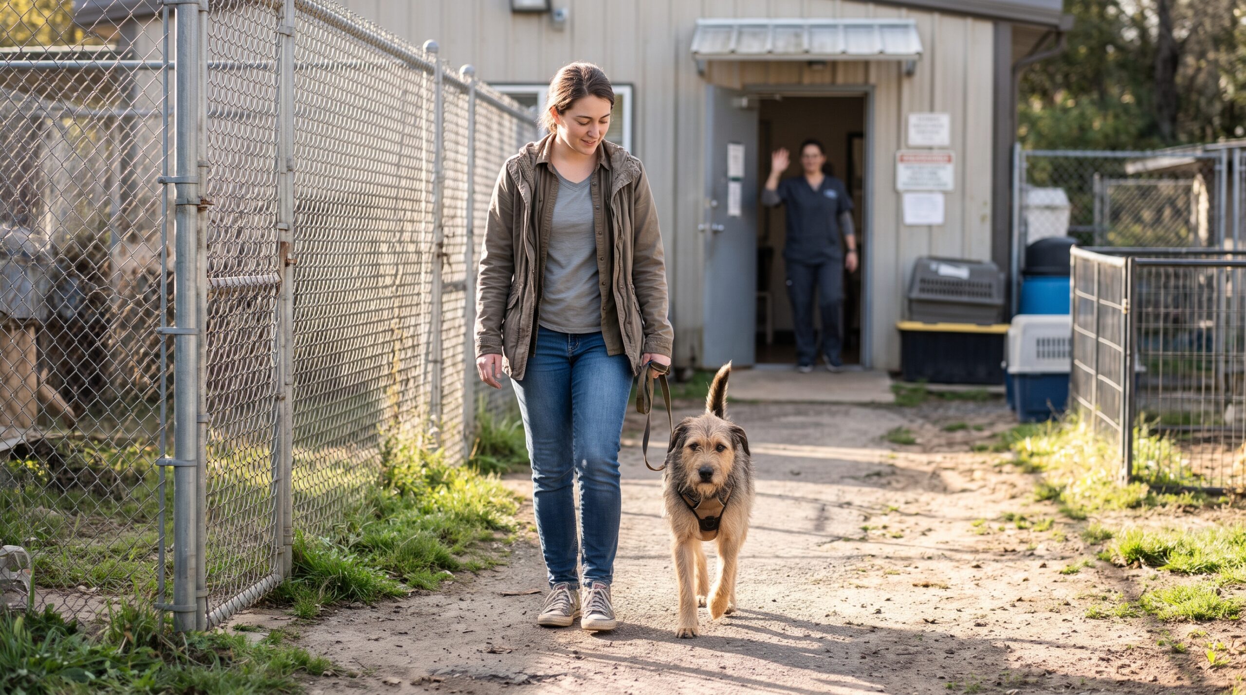Young volunteer walking a shelter dog on a leash along a fenced path outside an animal shelter