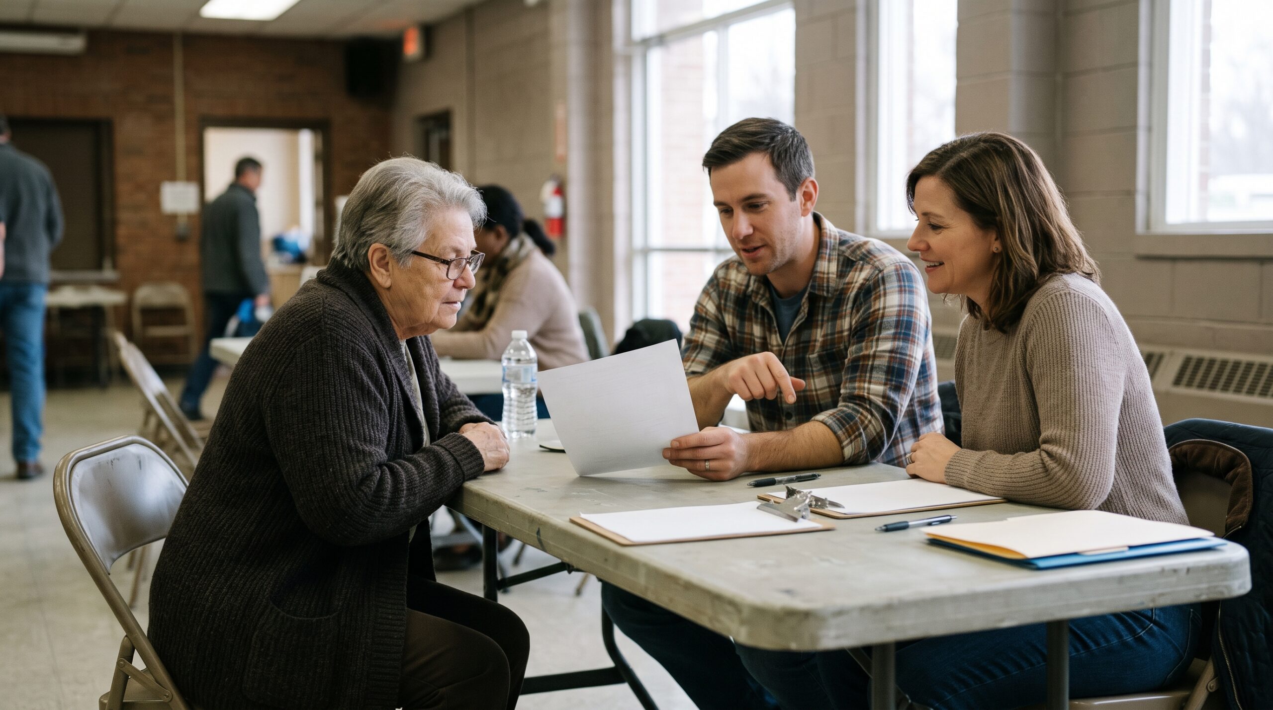 Volunteers at a community center table helping a resident read an information handout about local civic events
