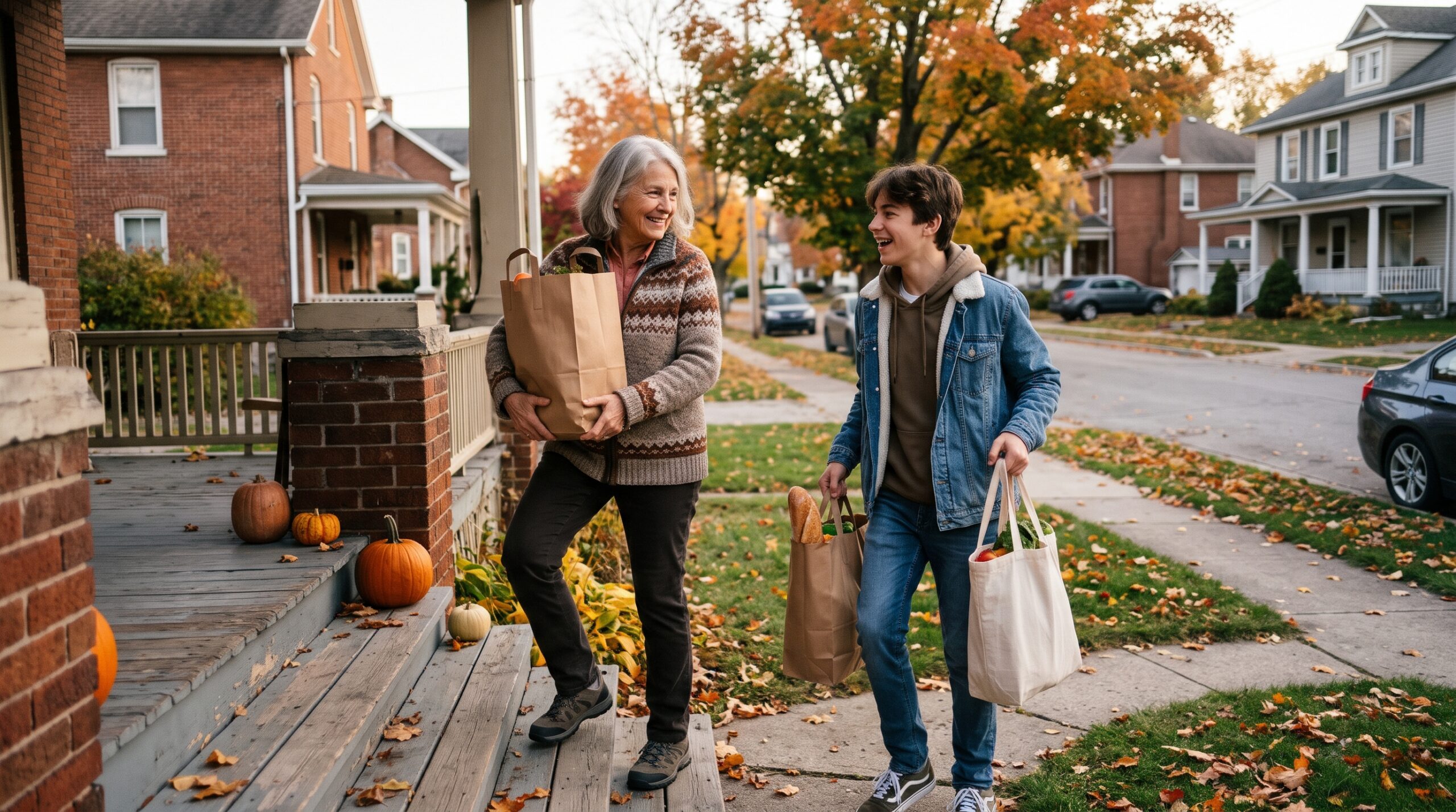 Teenager helping an older neighbor carry grocery bags up porch steps on a small-town street