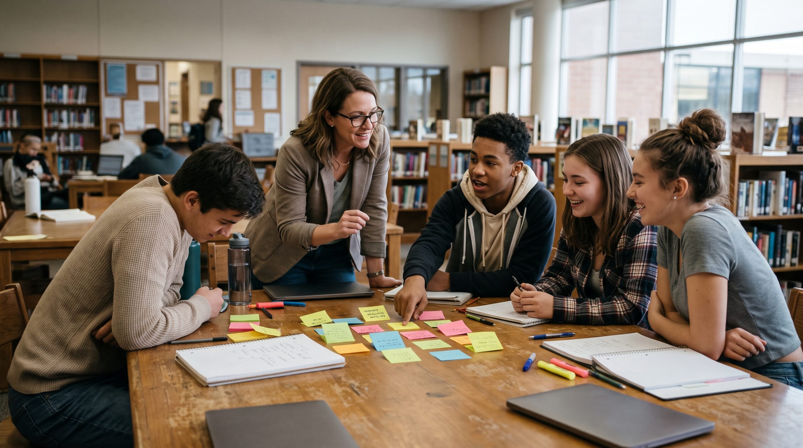 Teacher and a group of students planning a service project with sticky notes at a school library table