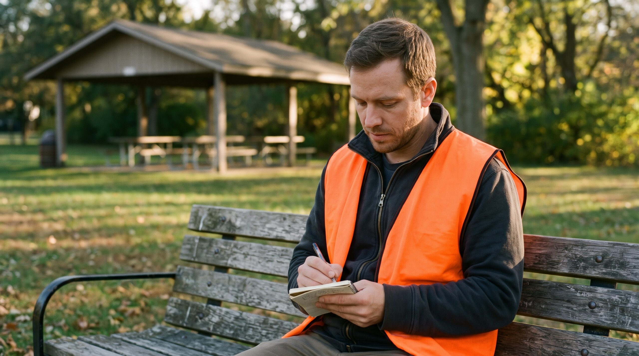 Man in a volunteer vest sitting on a park bench writing his shift hours in a notebook