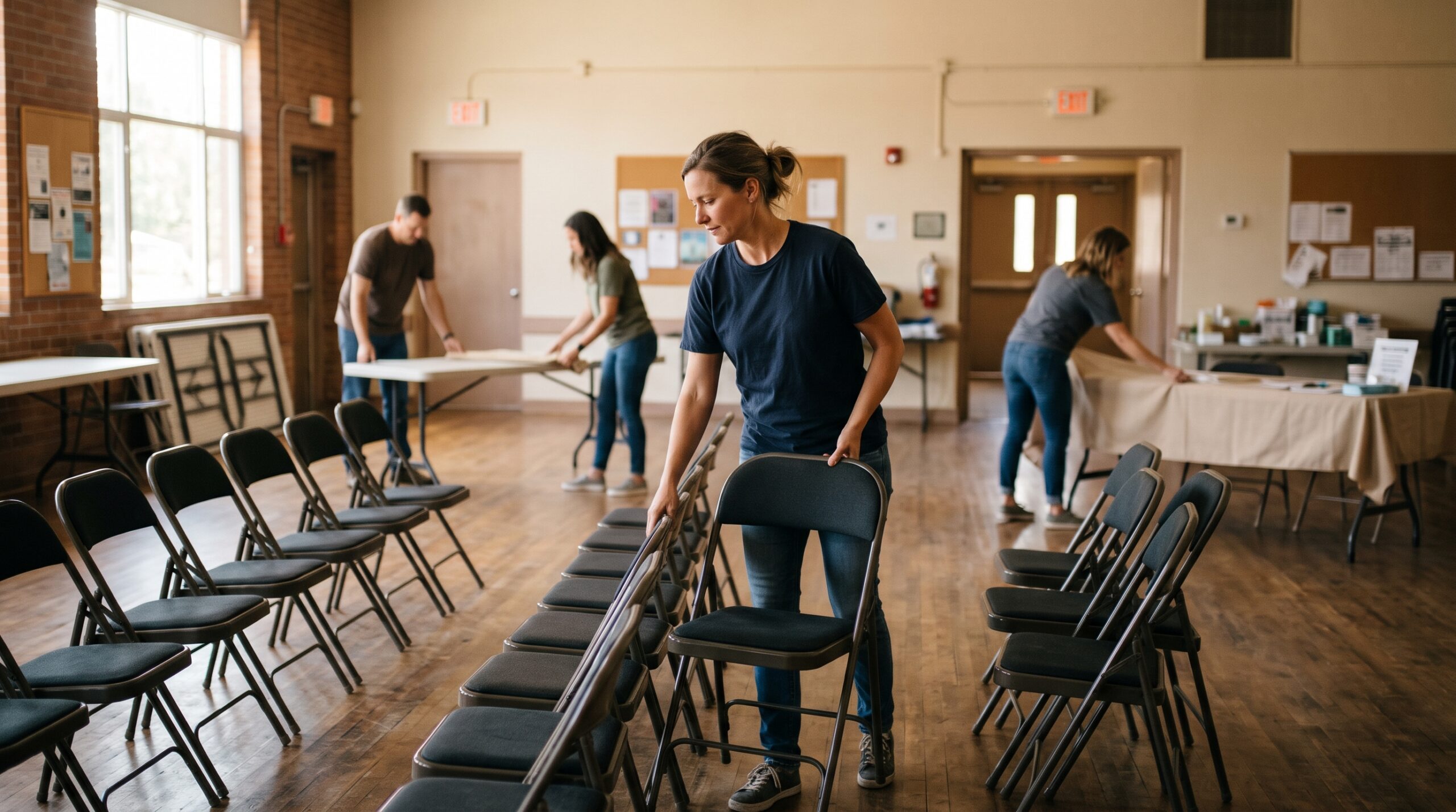 Volunteers setting up chairs and tables in a community hall before a local event