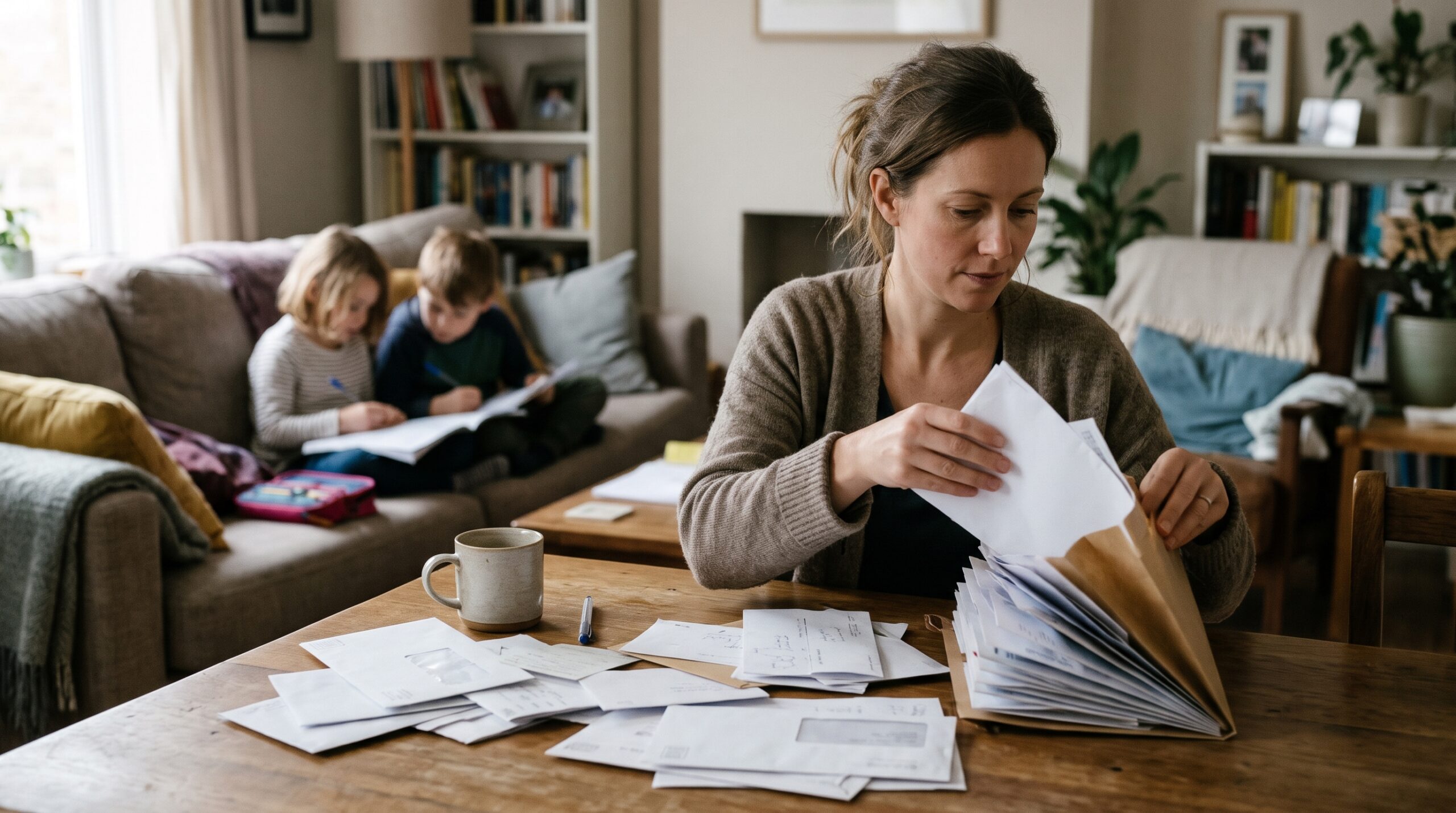 Mother sorting benefit letters into a folder at a living room table while children do homework nearby