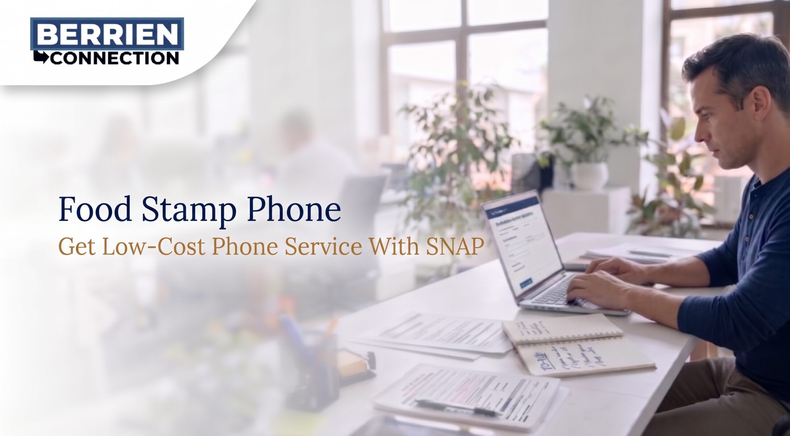 Food stamp phone concept: woman at a kitchen table comparing phone plans on her smartphone with a notebook