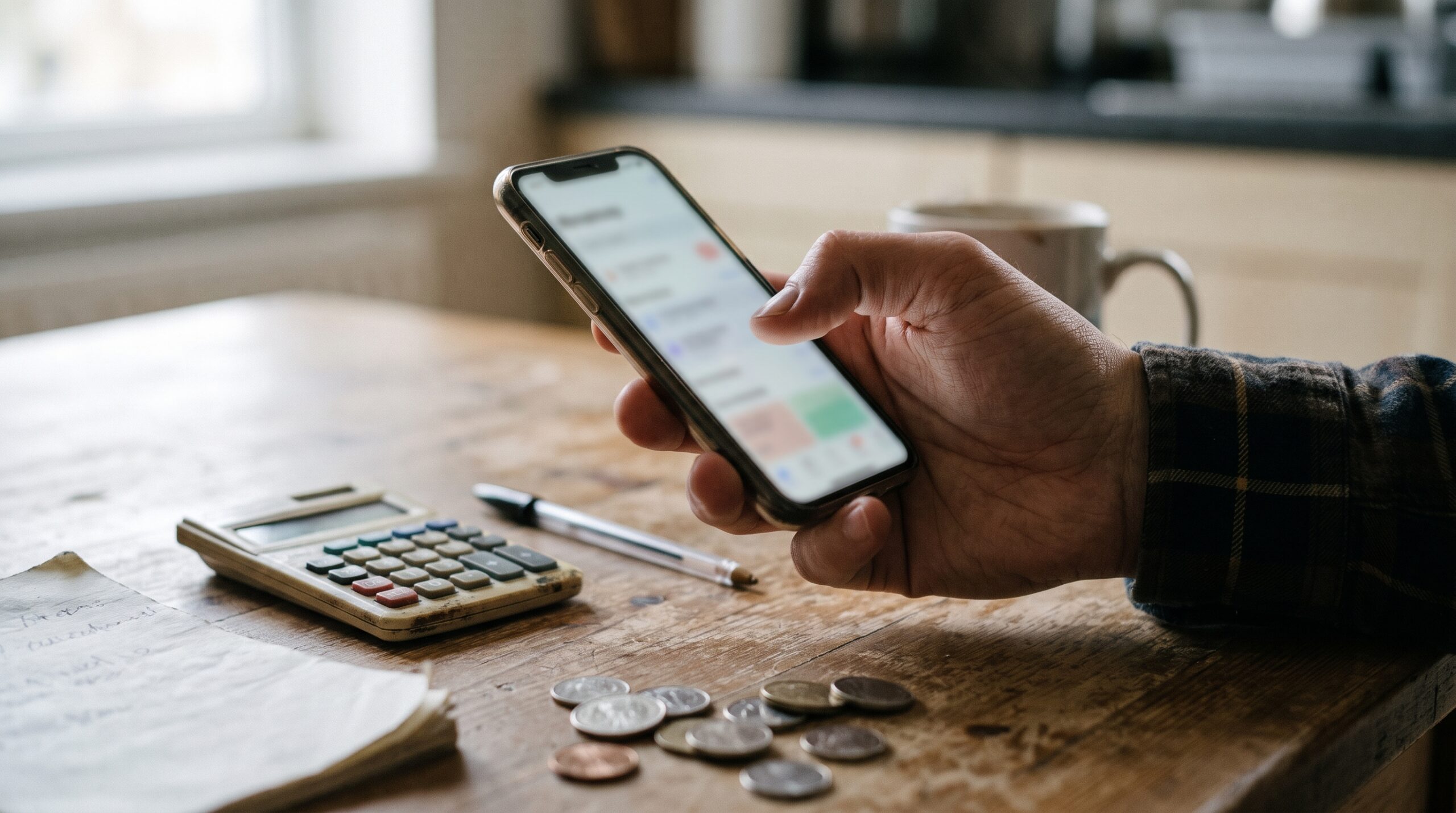 Hand holding a smartphone above a table with a calculator and coins while checking a monthly phone bill