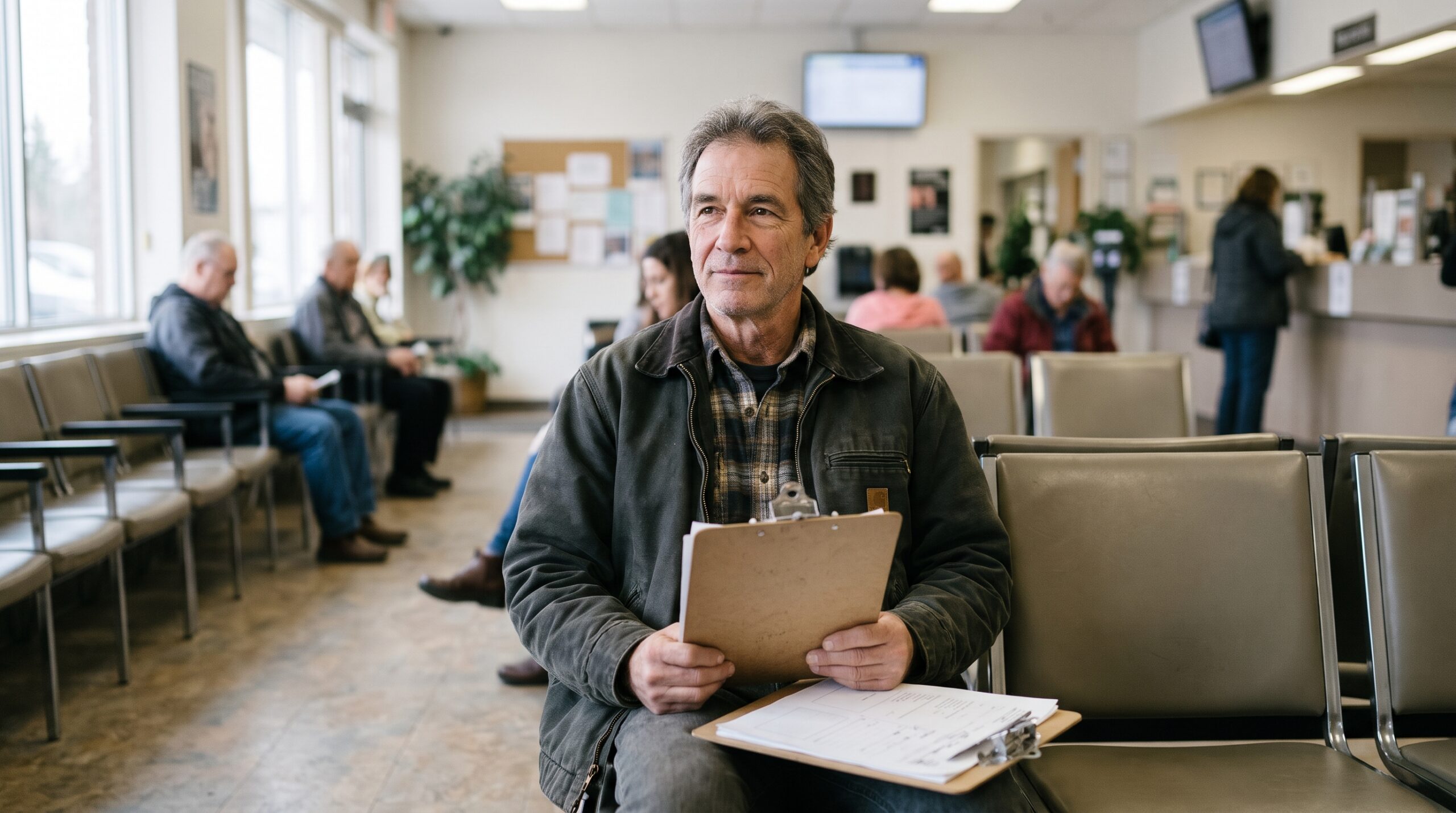 Man holding a clipboard of forms in a public services office waiting area