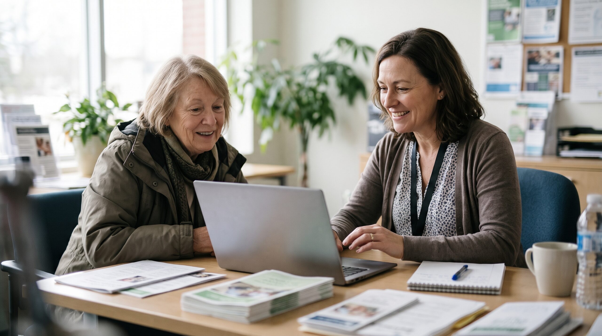 Community navigator and a resident smiling while reviewing application steps together on a laptop