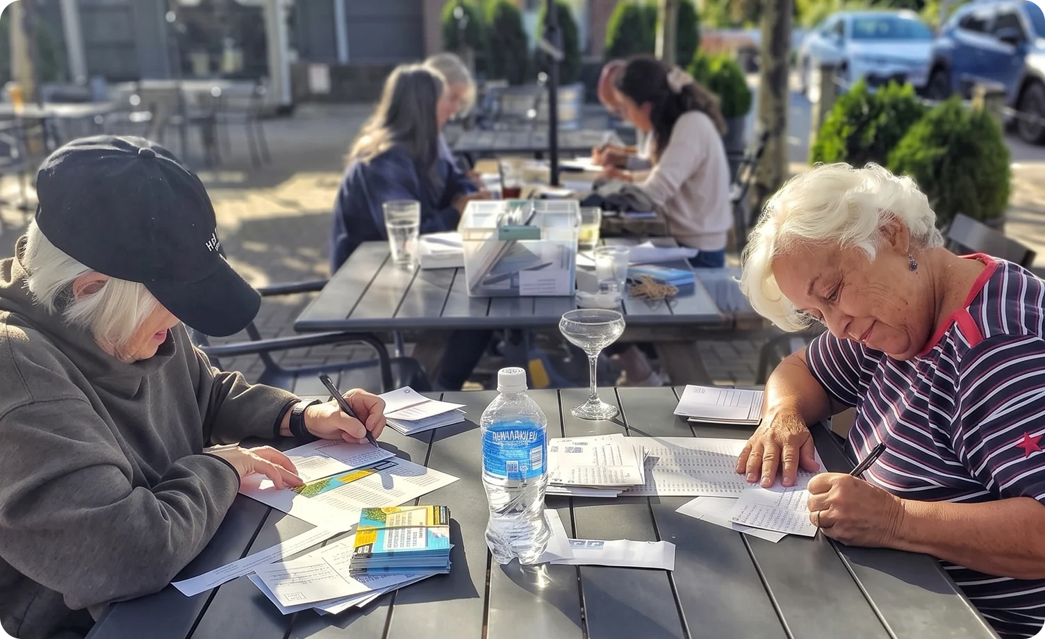 Residents sitting at outdoor tables filling in forms together on a sunny day