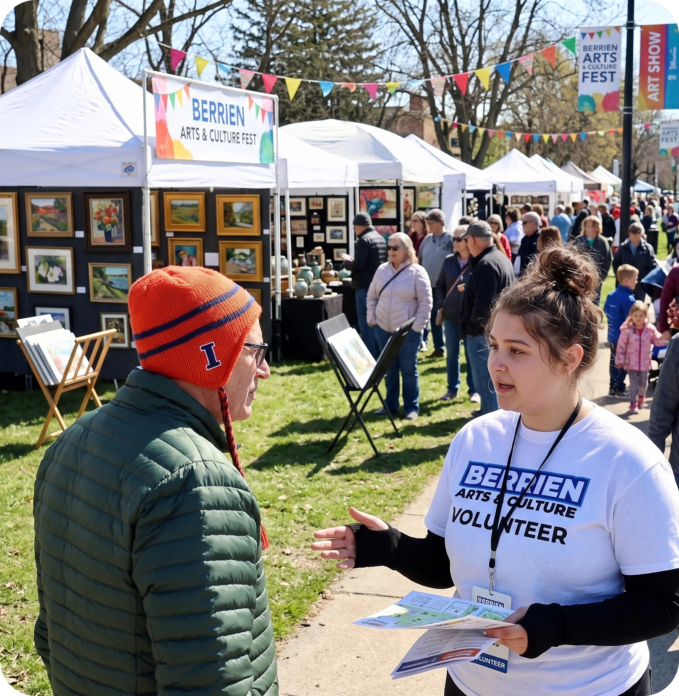 A volunteer in a Berrien Arts and Culture Fest shirt talking with a visitor among the art stalls