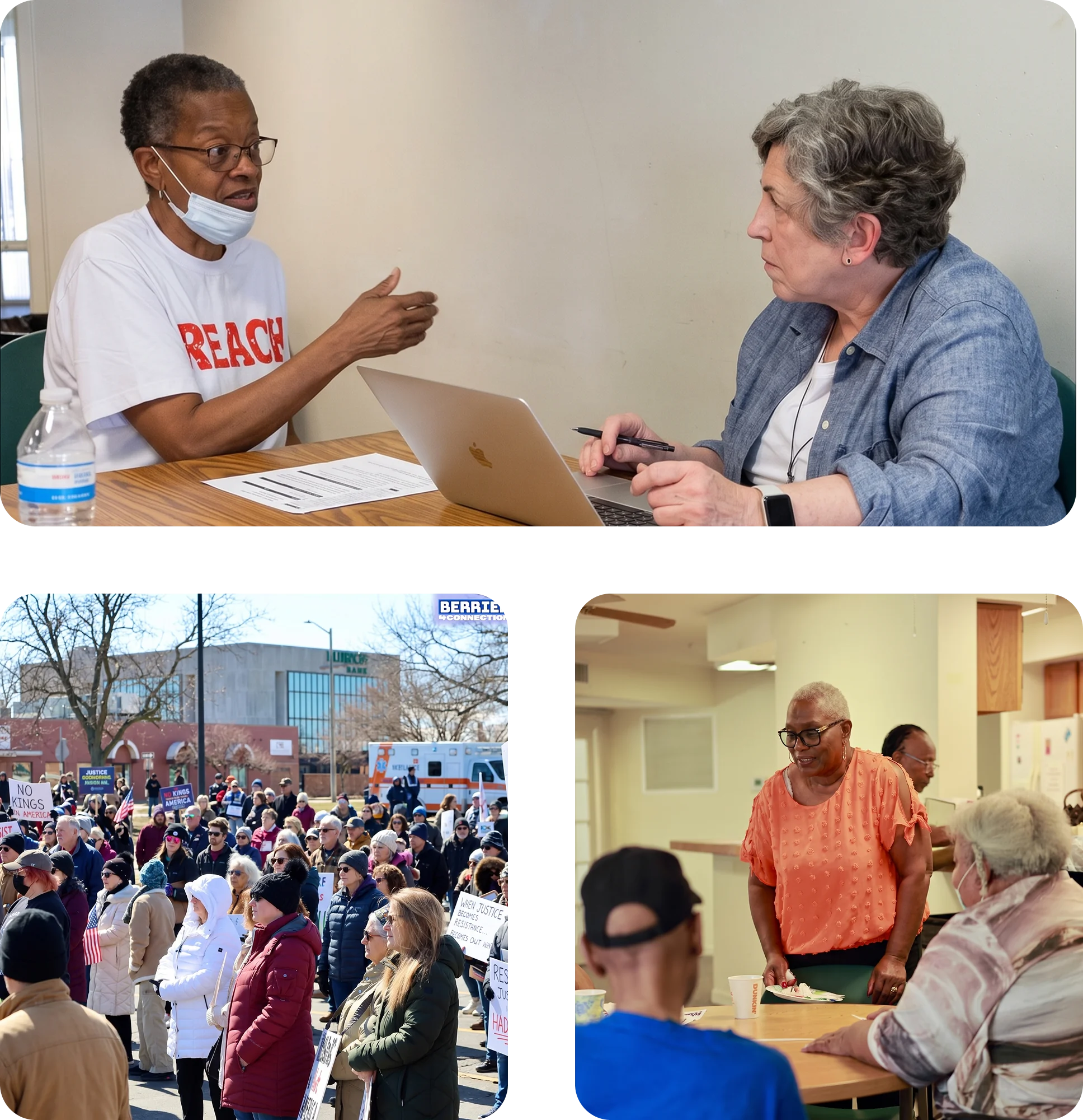 Three photographs: a resident talking with a Berrien Connection staff member over a laptop, a large outdoor community gathering with placards, and neighbours sharing a meal at a community centre