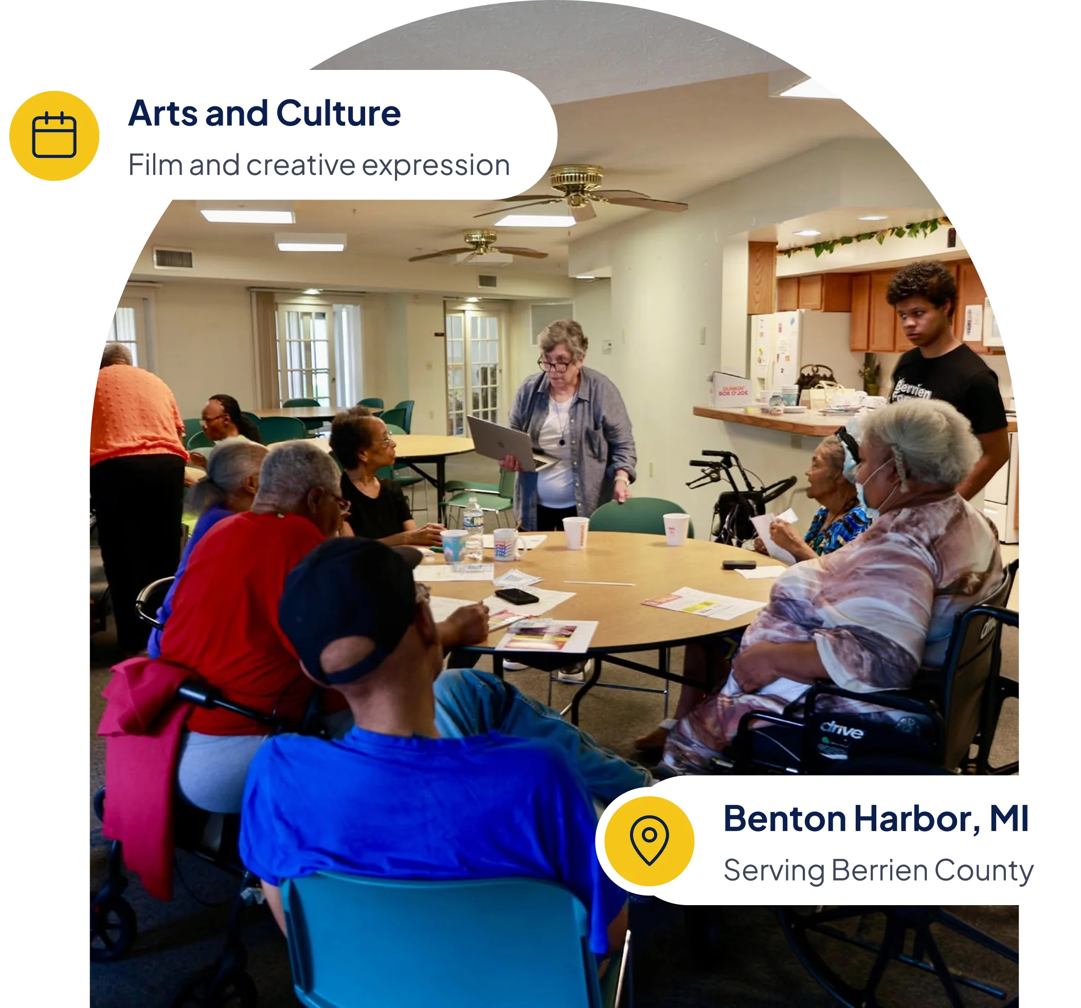 Residents seated around a table at a Berrien Connection program session in Benton Harbor, Michigan