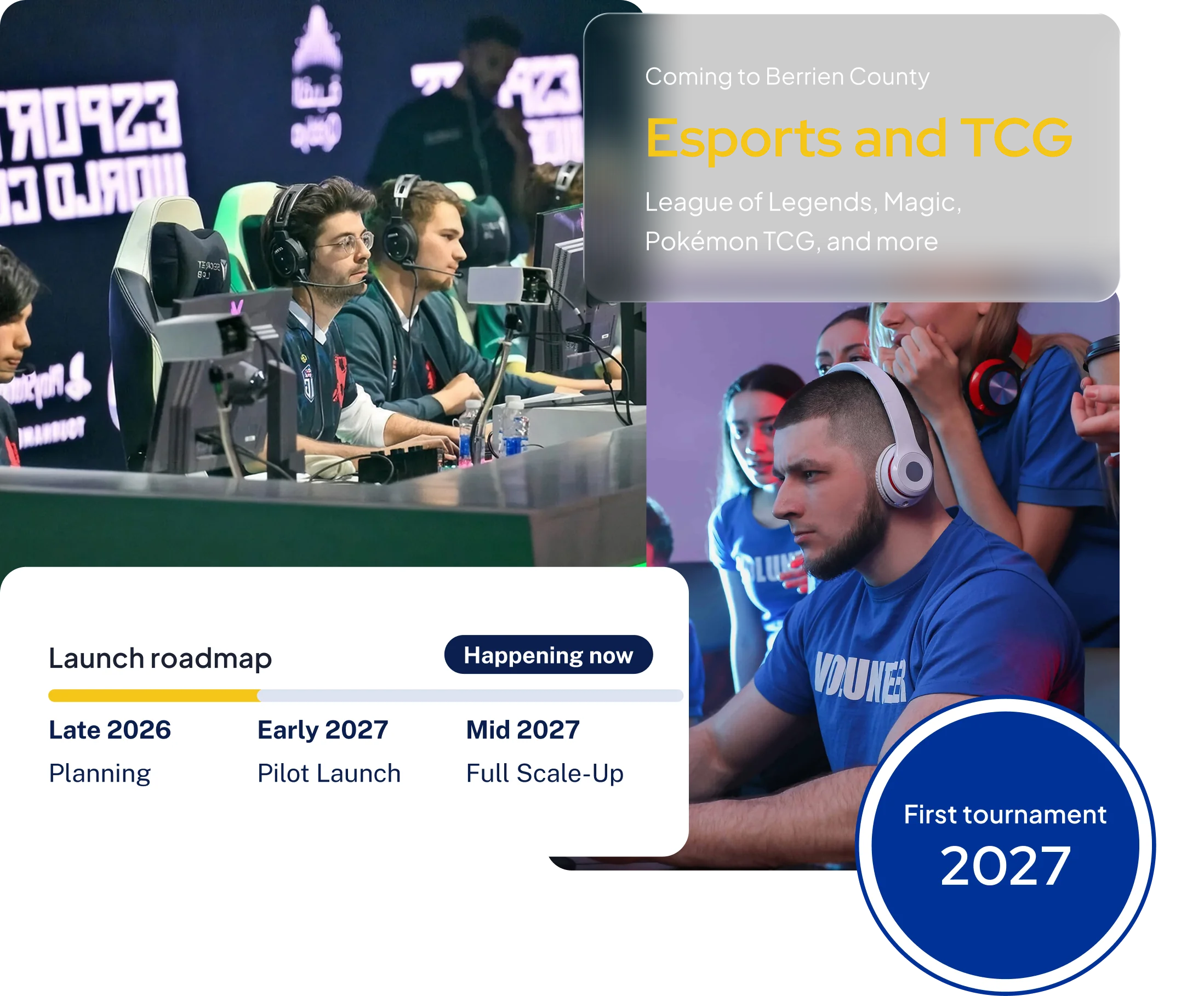 Esports players competing at a tournament, with cards reading Coming to Berrien County, Esports and TCG, League of Legends, Magic, Pokemon TCG and more, a launch roadmap marking Late 2026 Planning, Early 2027 Pilot Launch and Mid 2027 Full Scale-Up, and a badge reading First tournament 2027