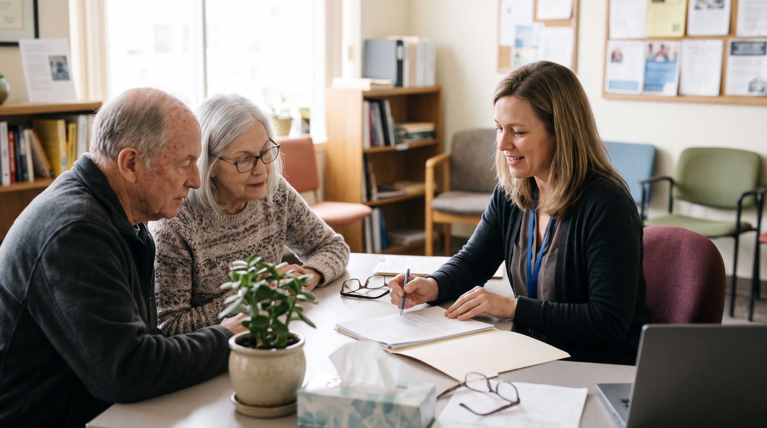 Benefits navigator reviewing a folder of paperwork with an older couple at a desk in a bright community office