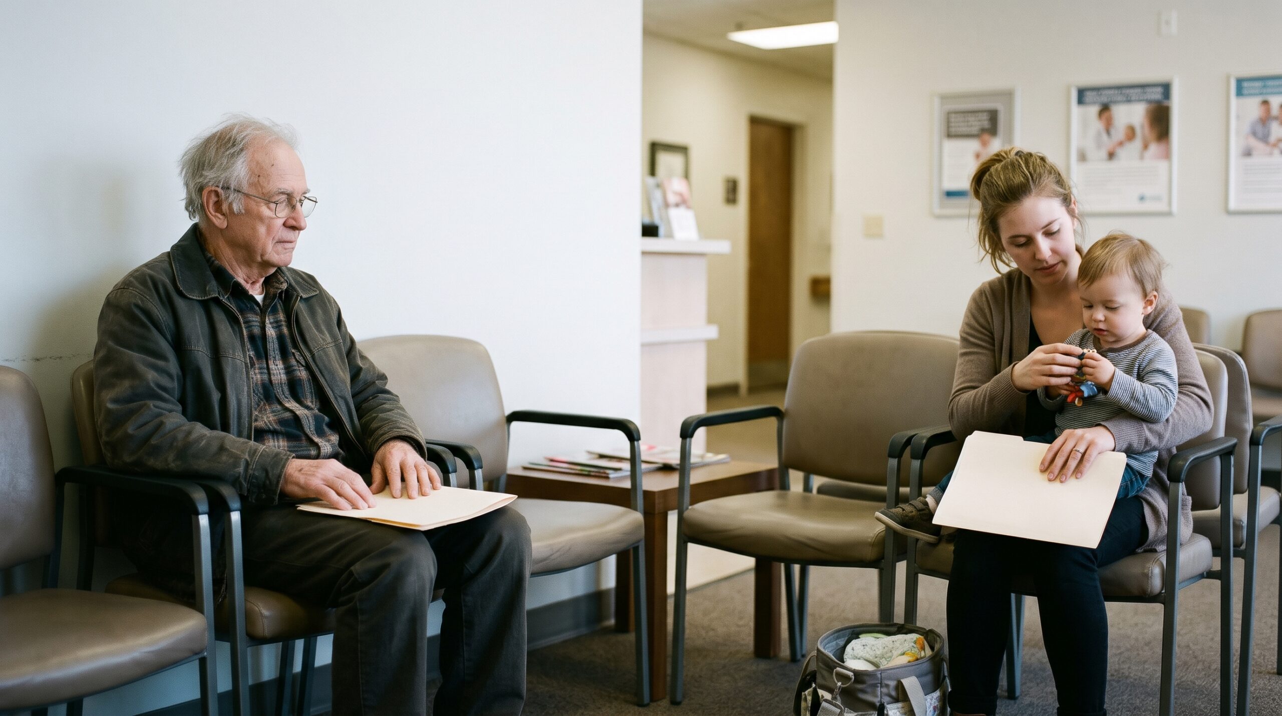 Senior man and a young mother with a toddler waiting in a clinic waiting room, each holding a folder