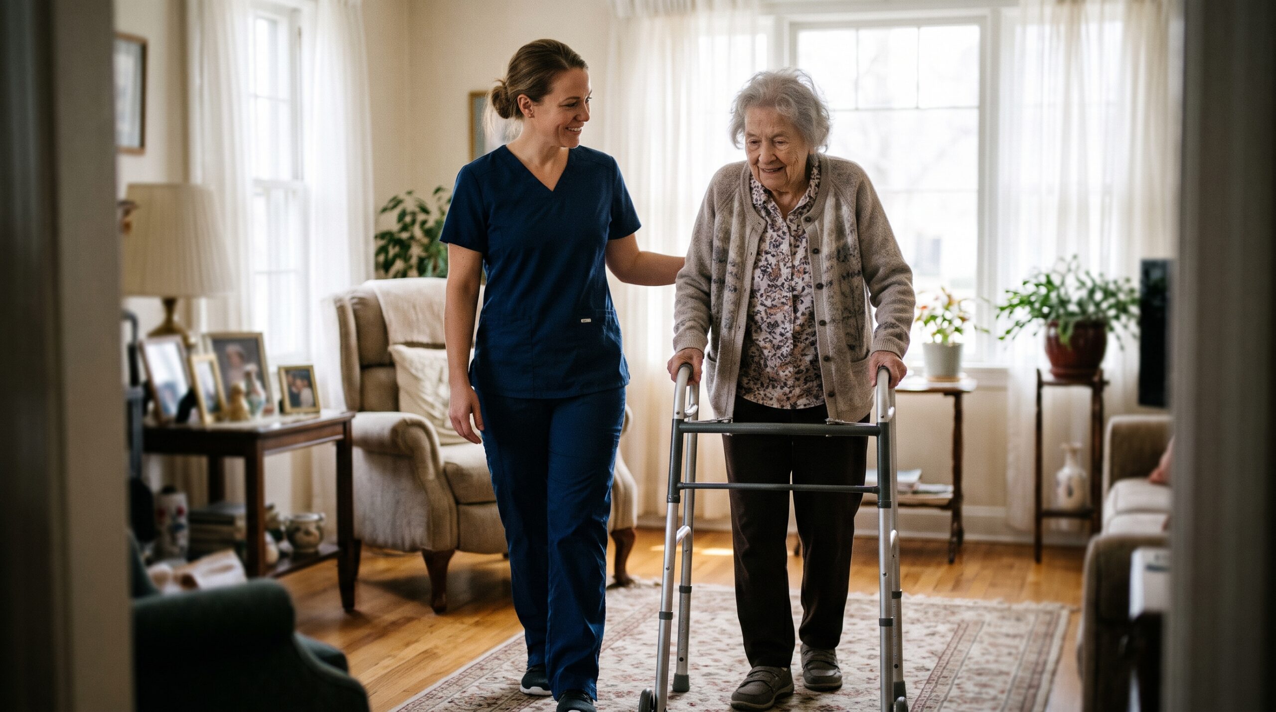Home health aide in scrubs helping an elderly woman with a walker in a sunny living room
