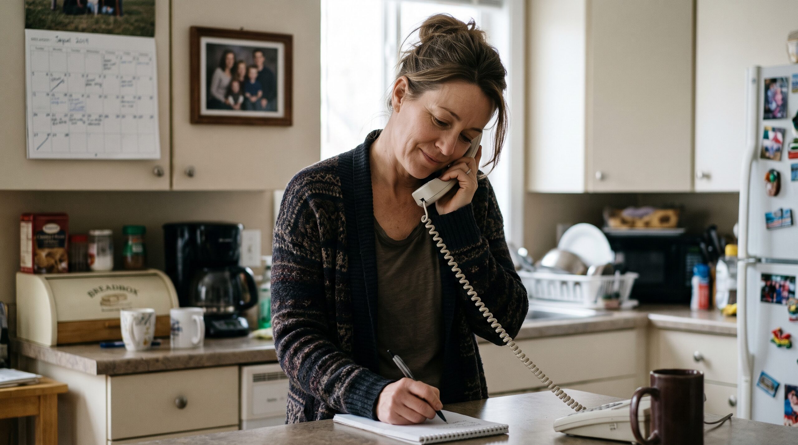 Woman in a kitchen on a phone call taking notes on a notepad while applying for health coverage