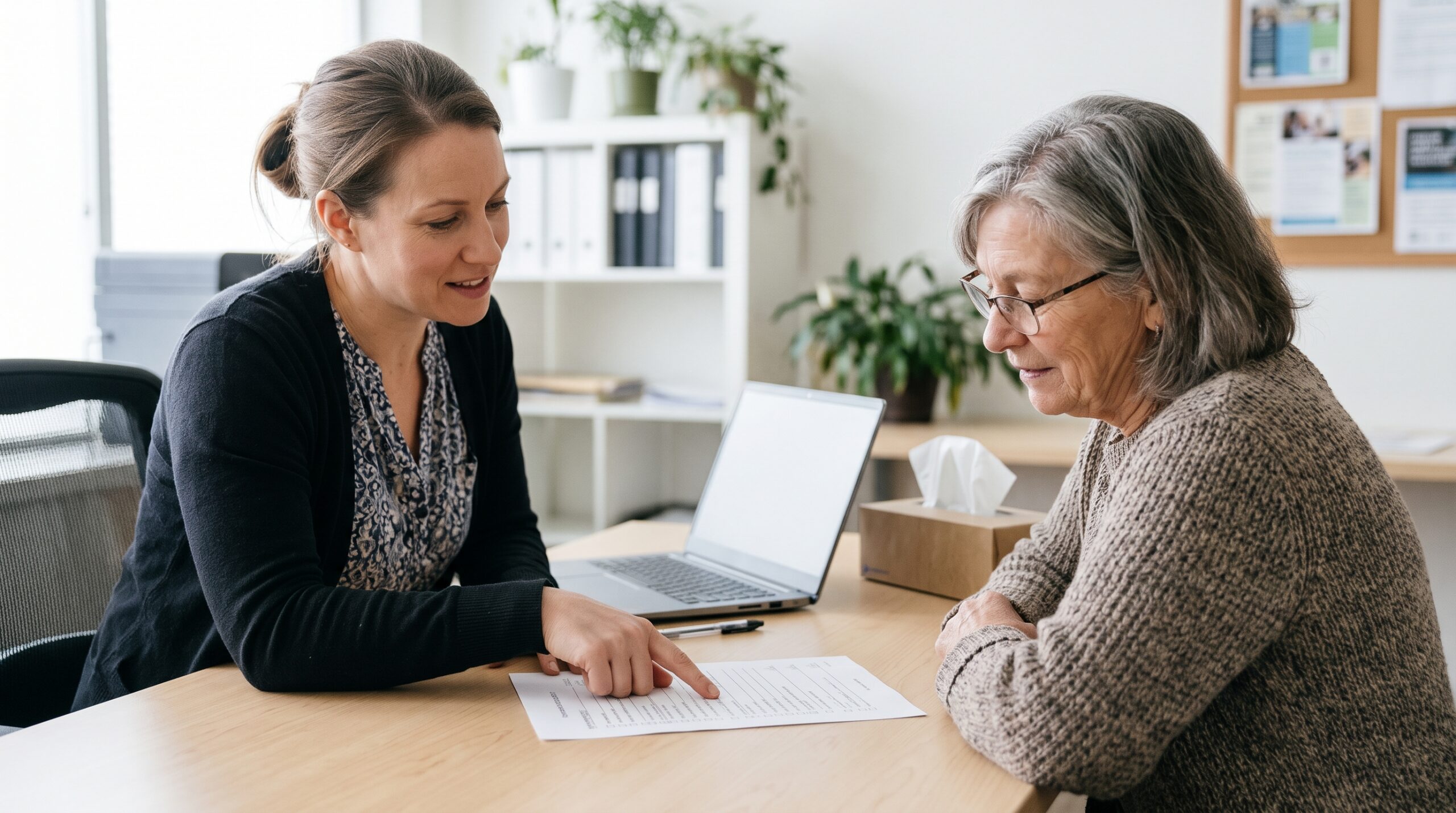 Community navigator and an older client reviewing a printed checklist of next steps at an office table