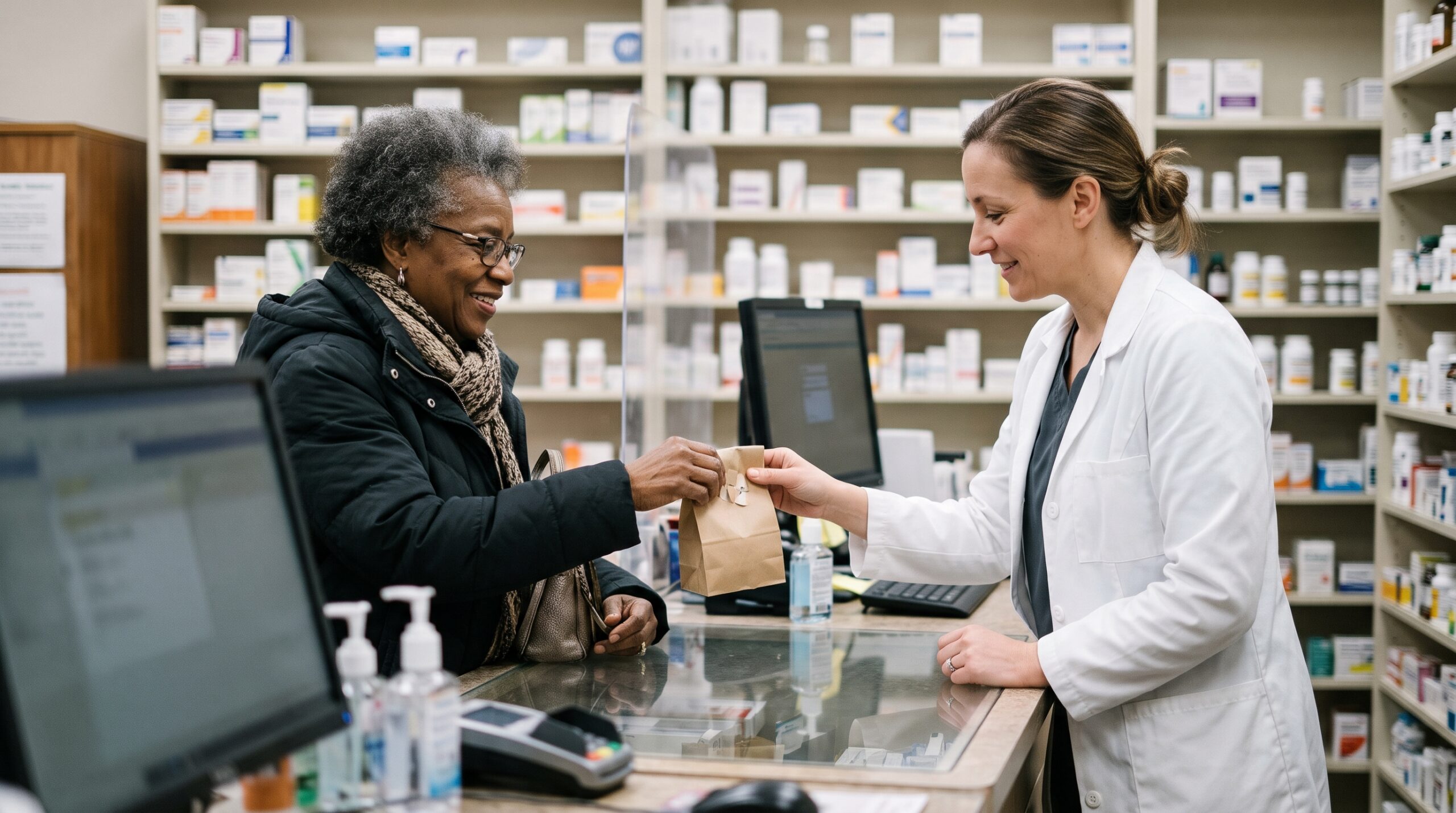 Older woman receiving a paper bag of prescriptions from a pharmacist at a pharmacy counter