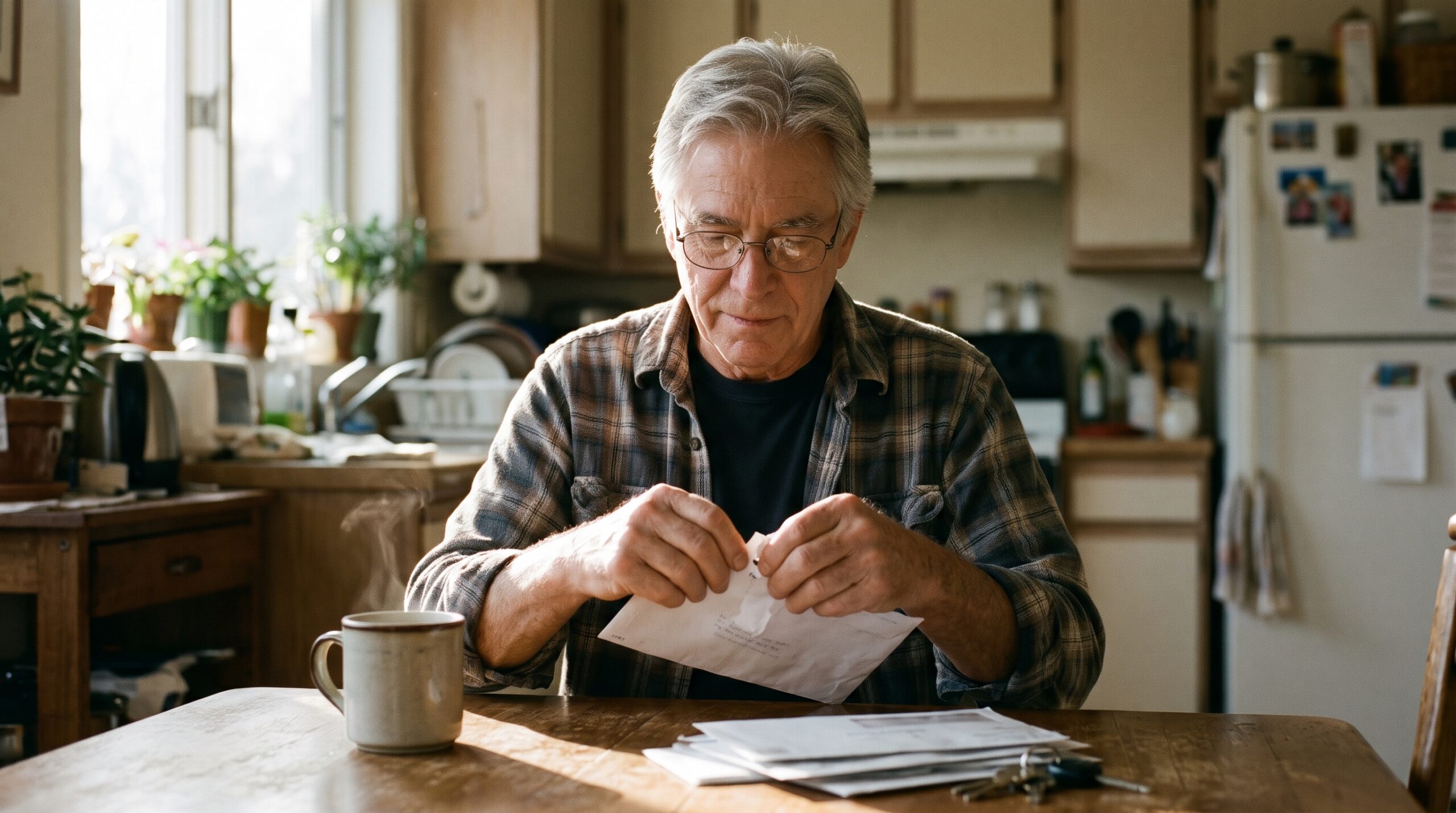 Retired man with glasses opening a mailed envelope at his kitchen table with a cup of coffee