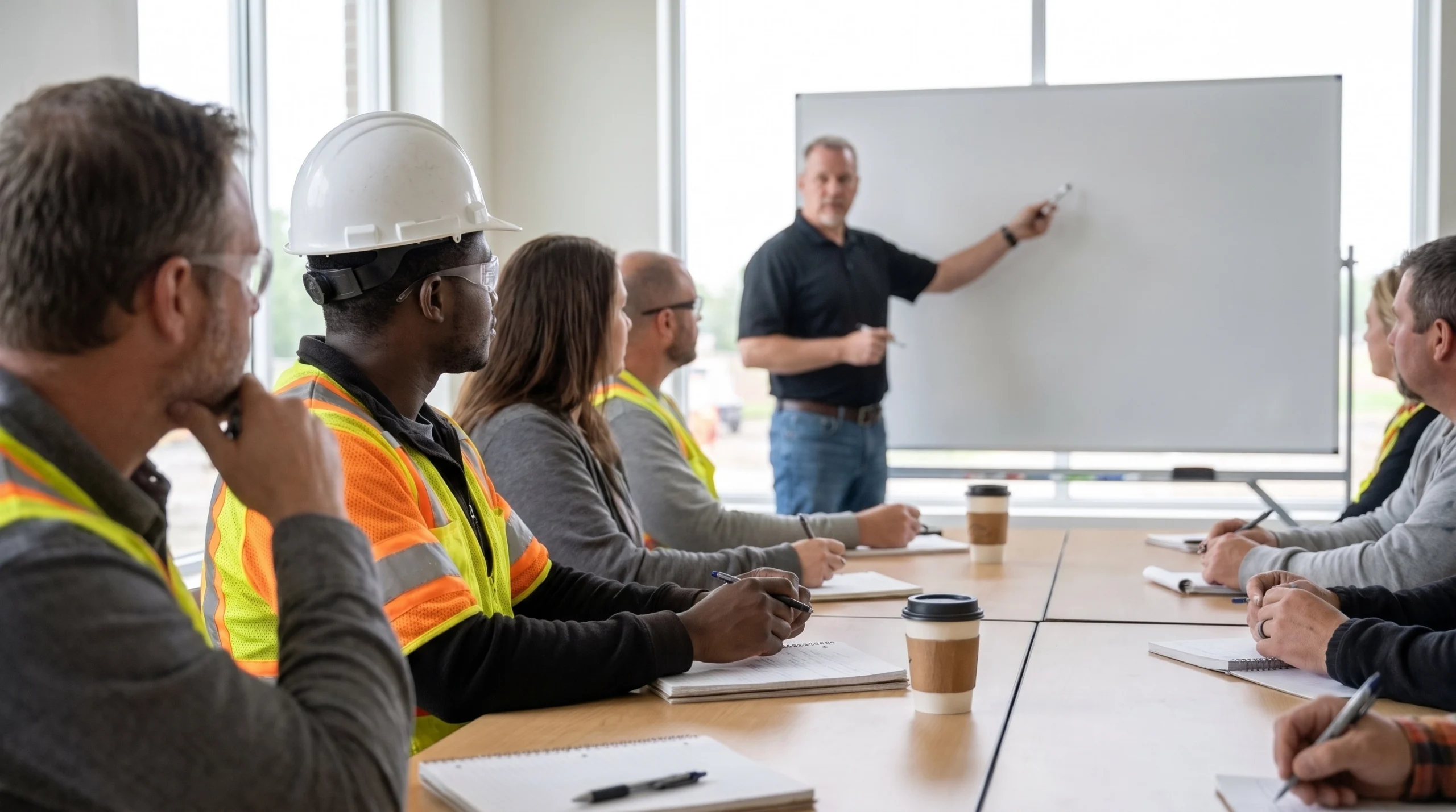 Adult trainees in hard hats listening to an instructor during a construction safety class
