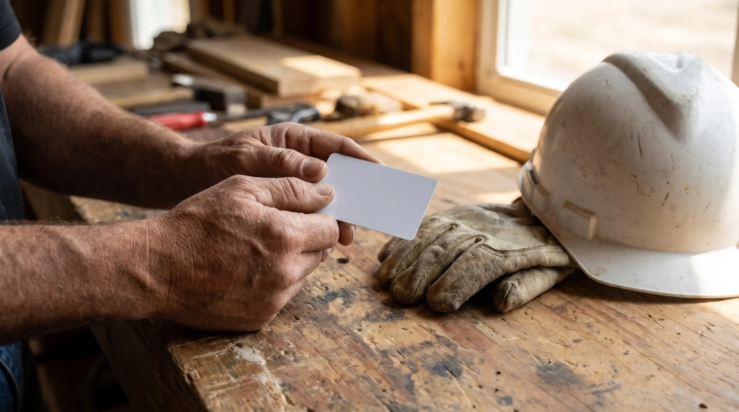 Hands holding a plain training completion card above a workbench with a hard hat and work glove