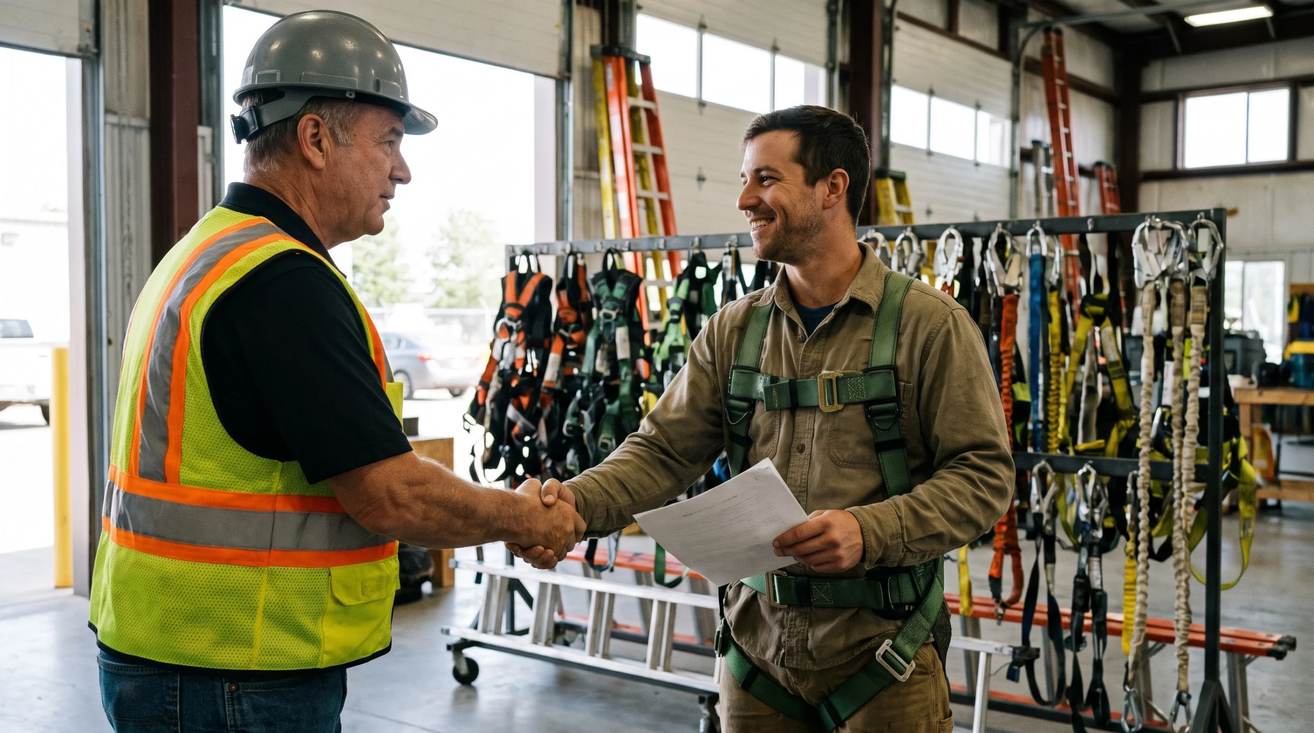 Instructor shaking hands with a trainee after a hands-on construction safety class in a training bay