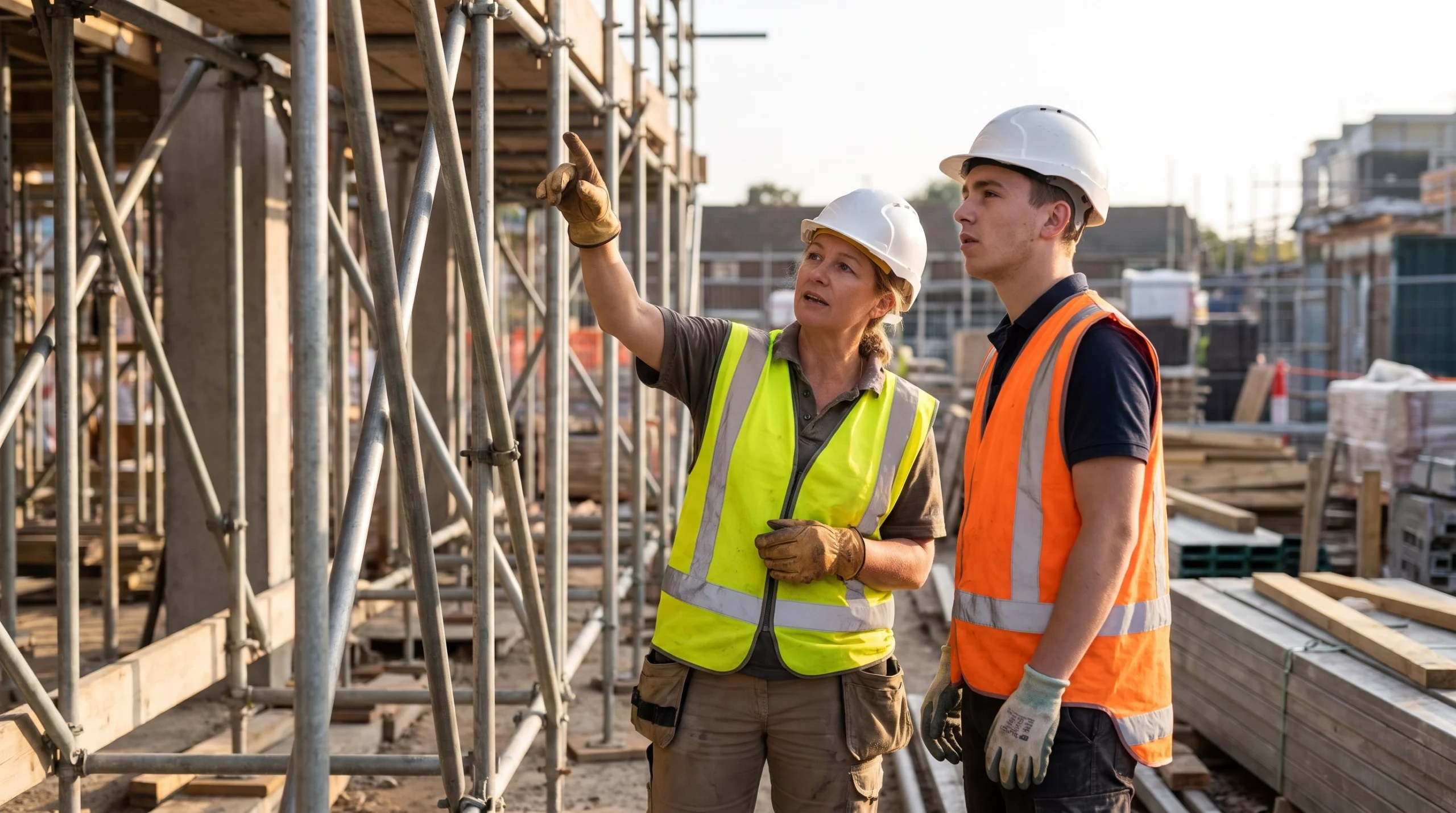 Crew lead in a hard hat explaining a task to a younger worker beside scaffolding on a construction site