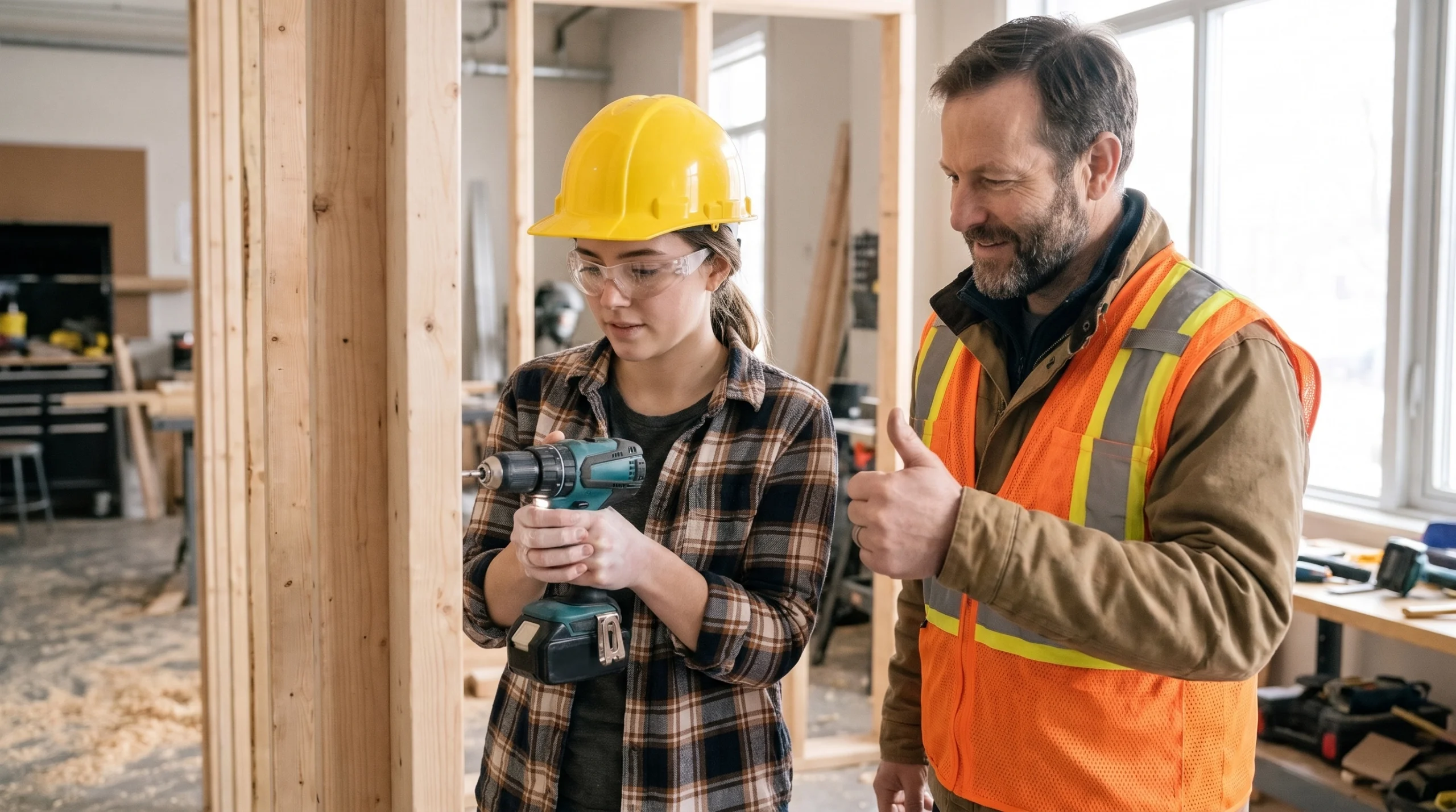 Young woman in a hard hat learning to use a drill on a wood wall frame with an instructor beside her