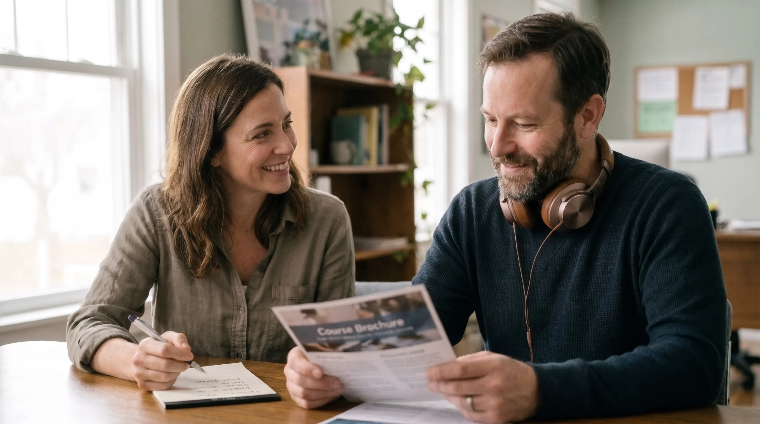 Woman with a handwritten question list talking with a man who is reading a course brochure at an office table