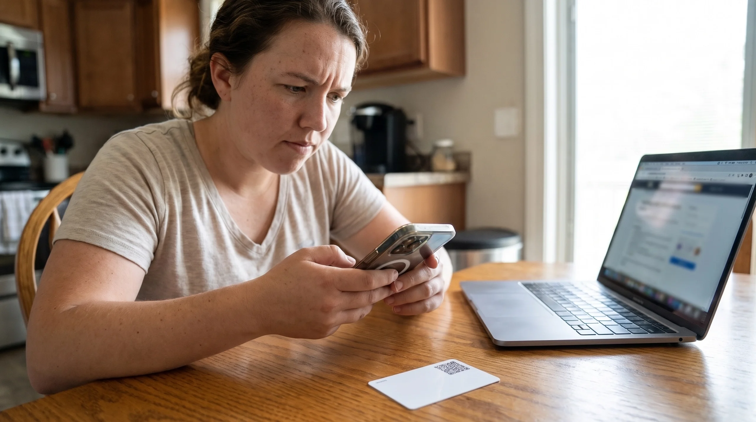 Woman scanning a code on a plastic training card with her phone to check that it is real