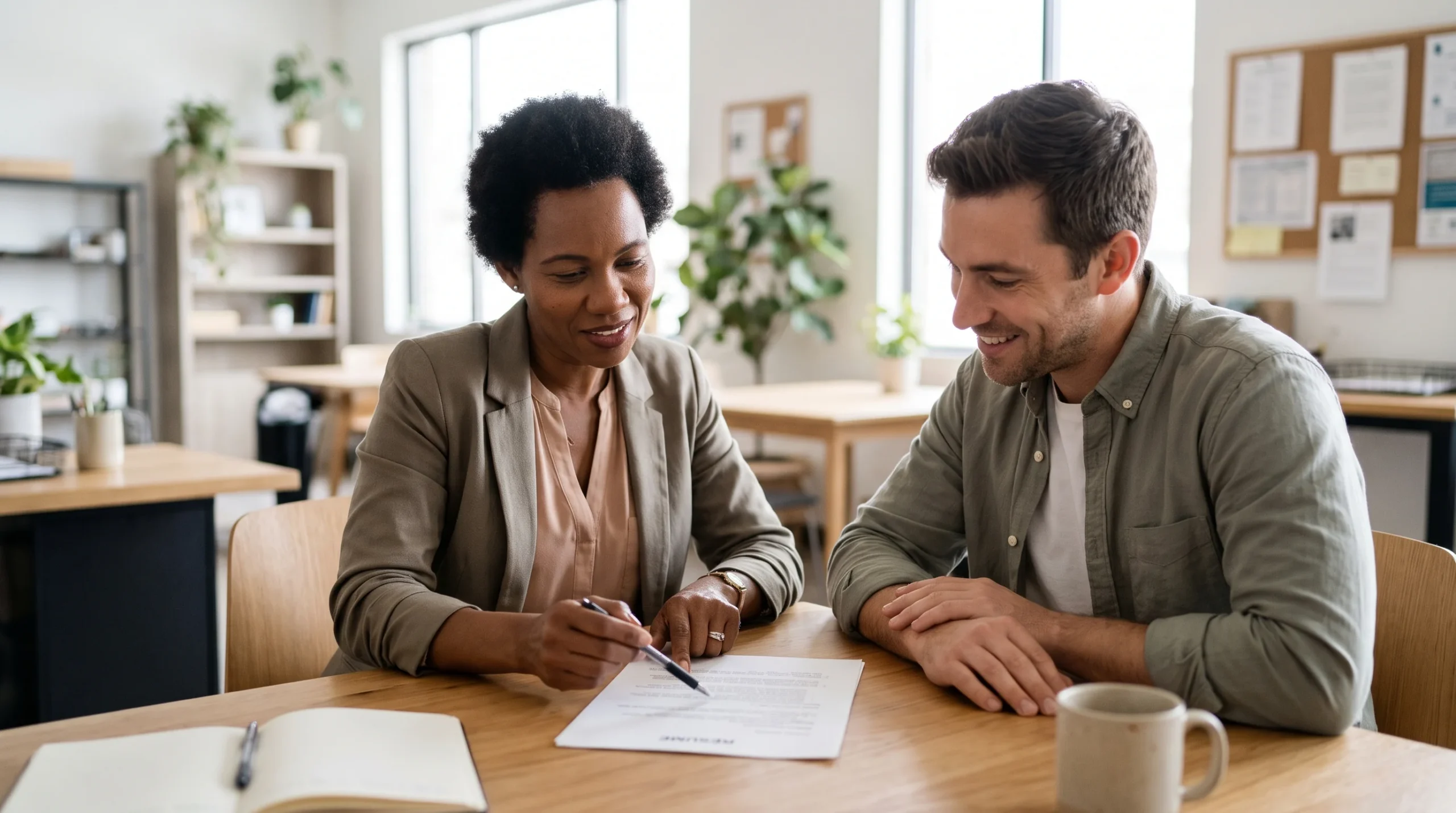 Career coach and a job seeker reviewing a printed resume together at a table in a community office