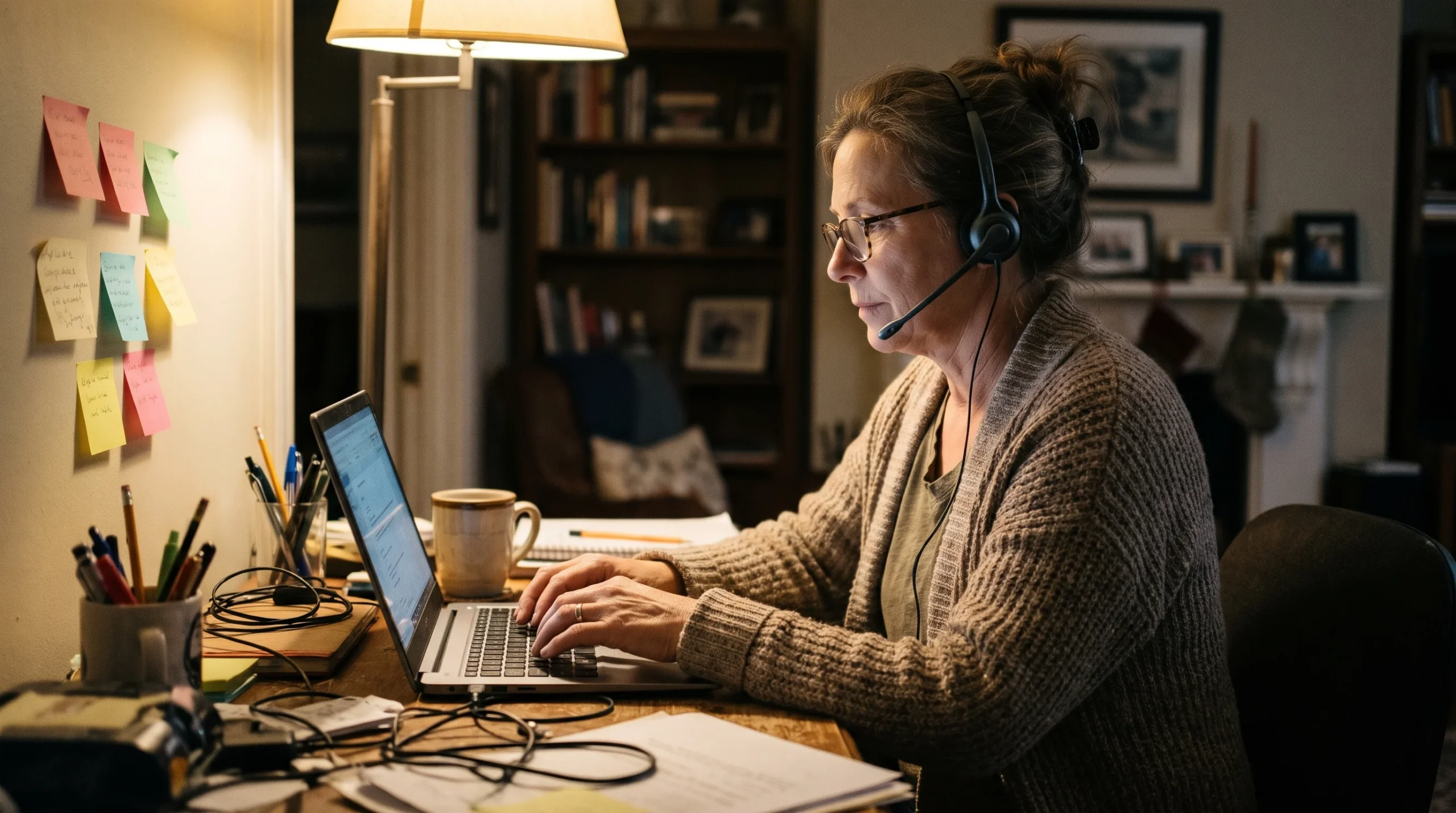 Woman at a home desk typing on a laptop while wearing a phone headset and waiting on hold