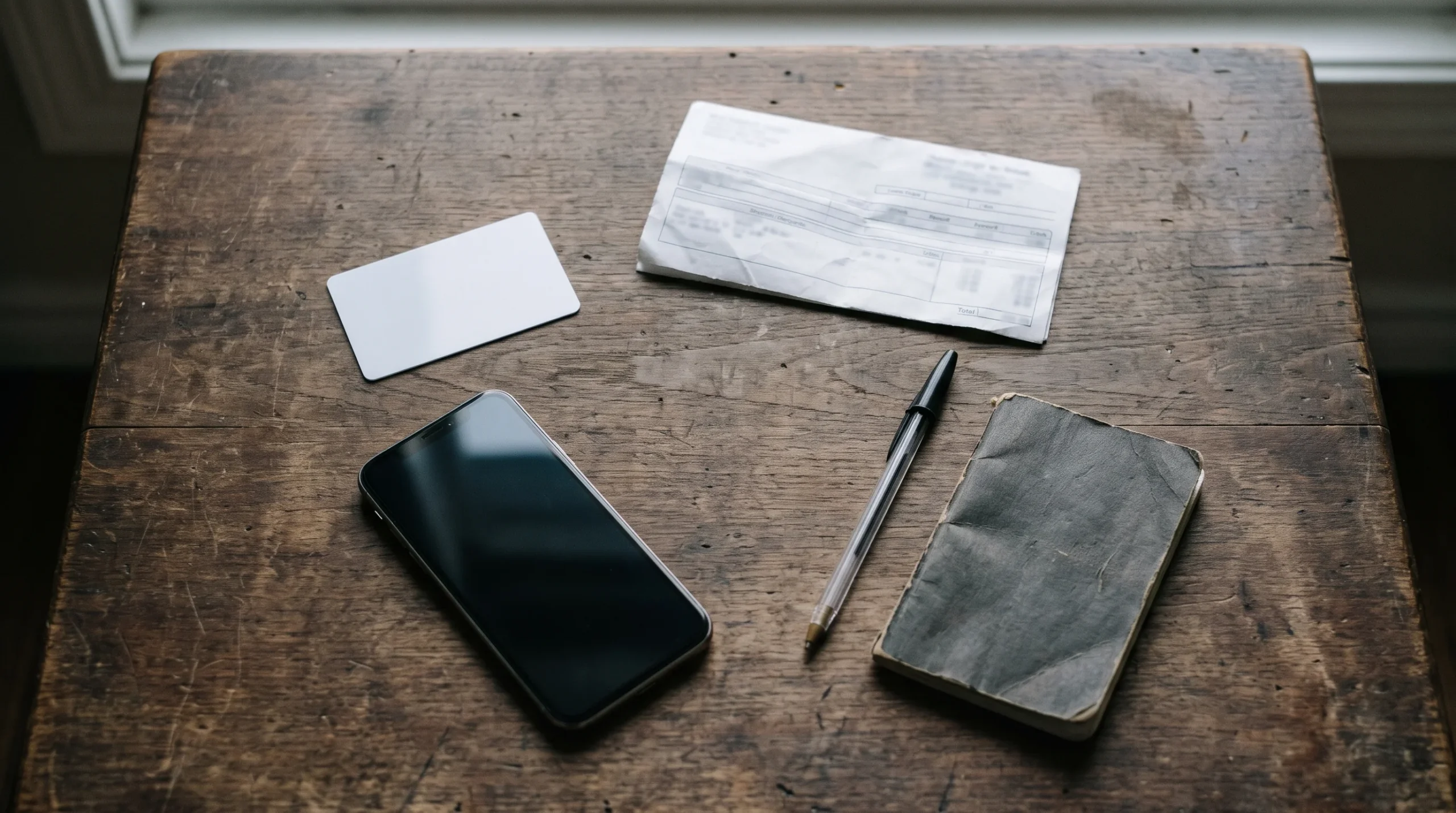 Flat-lay of an ID card, a pay stub, a pen, a phone, and a notebook on a wooden table before filing a claim