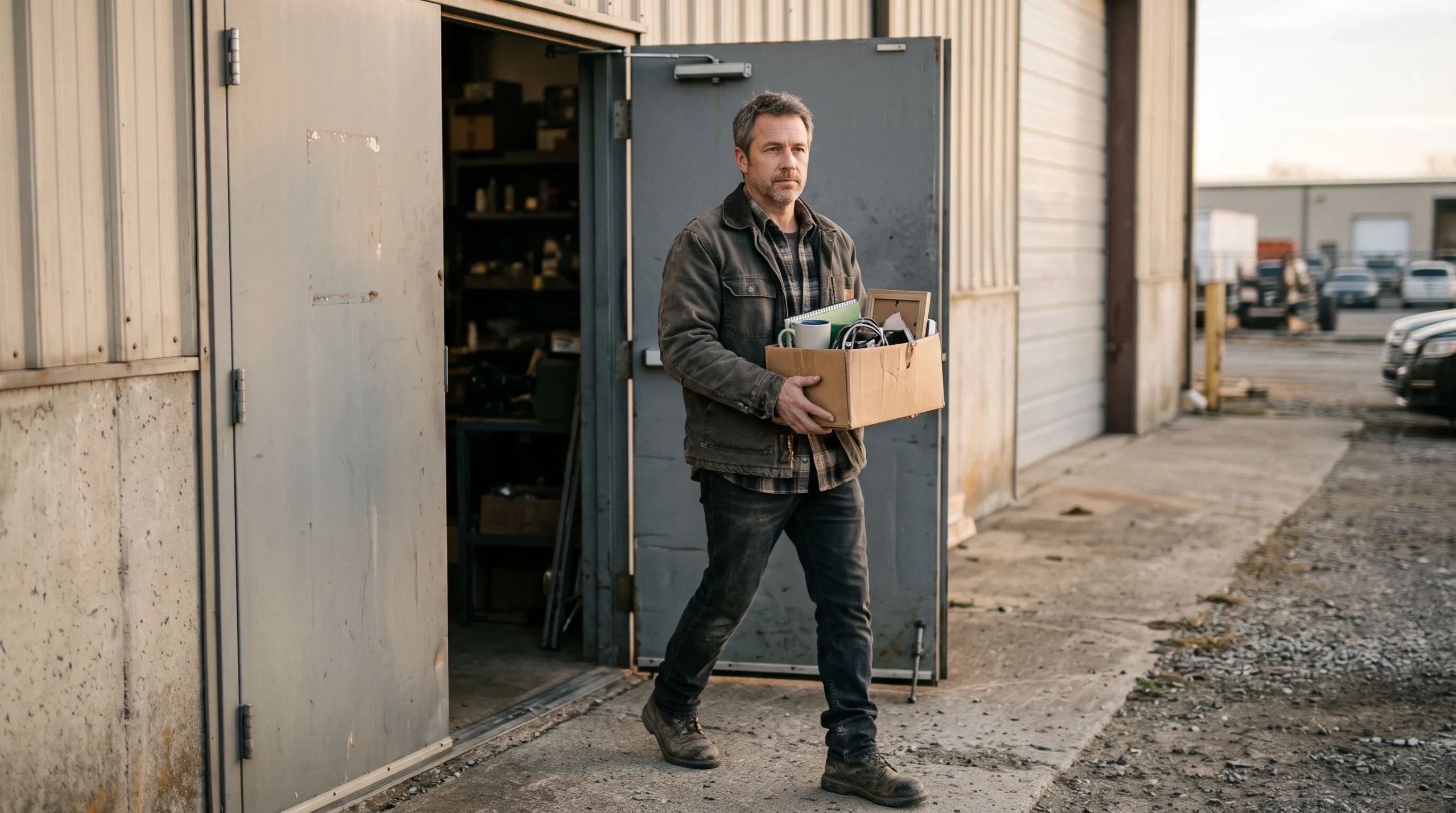 Man in a work jacket carrying a cardboard box of belongings out of a warehouse door after losing his job