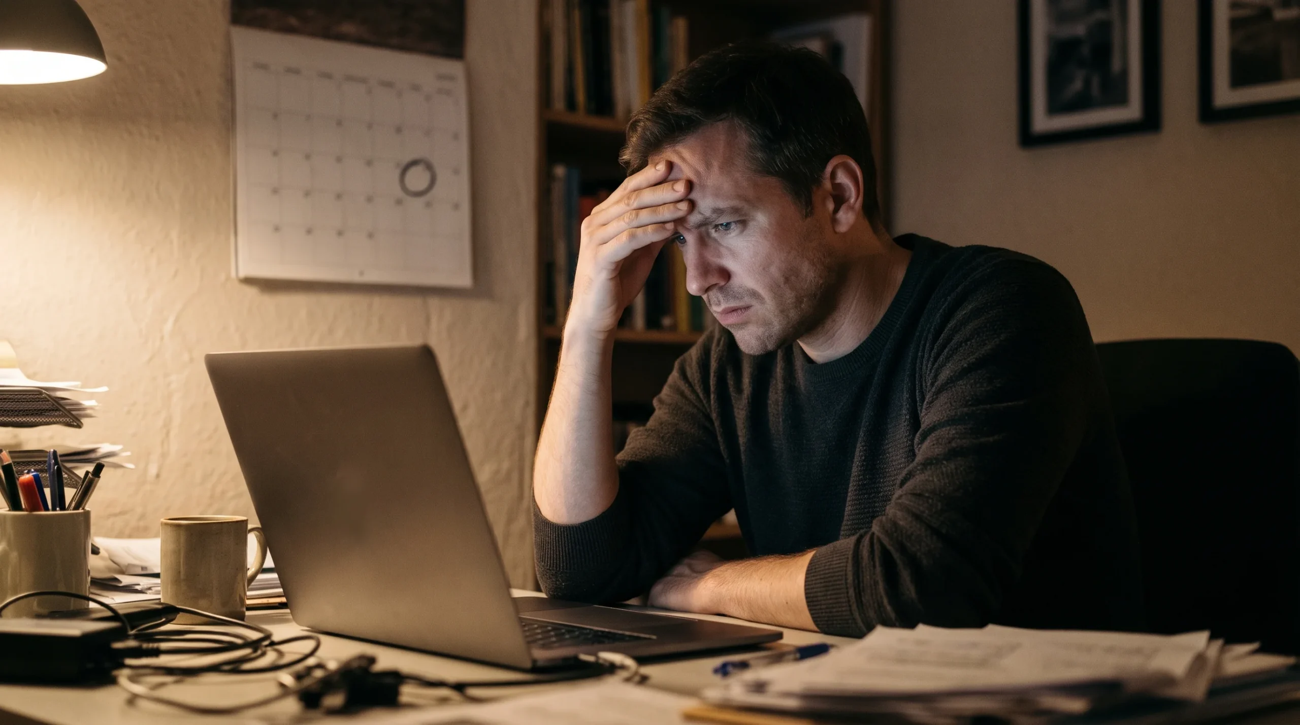 Man at a desk frowning at his laptop with a hand on his forehead and a wall calendar behind him