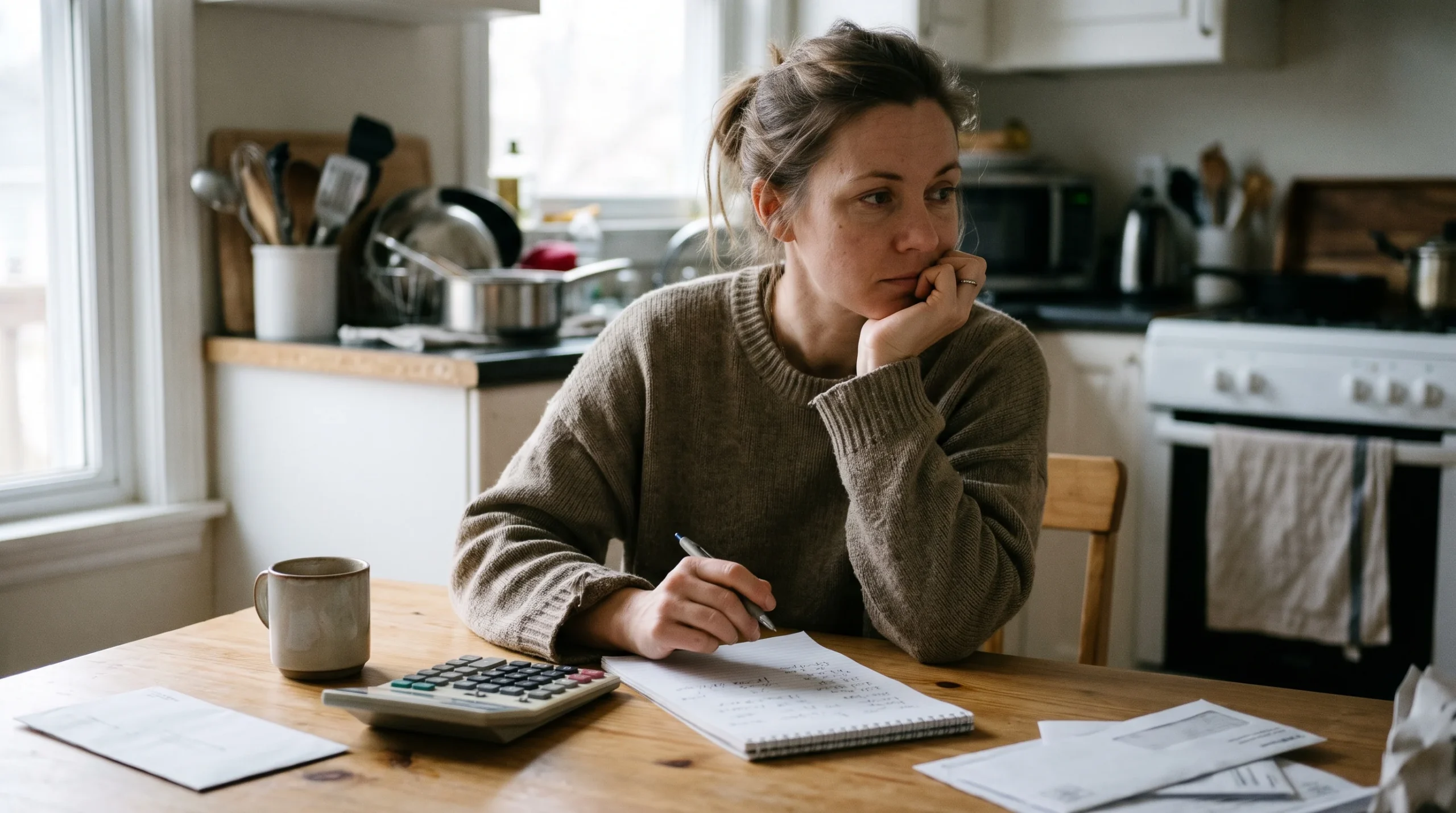 Woman at a kitchen table using a calculator and a notepad to plan a weekly budget