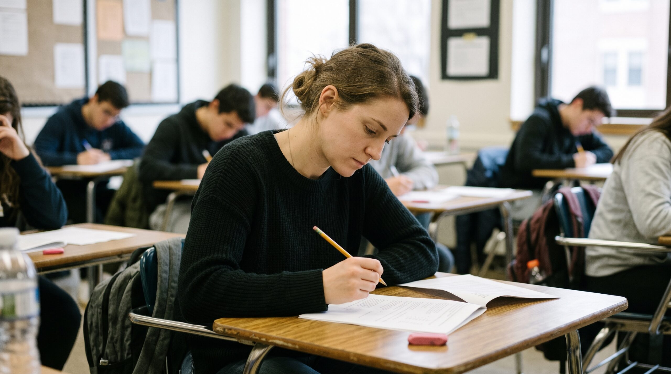 Young woman taking a written aptitude test at a classroom desk with other test-takers behind her