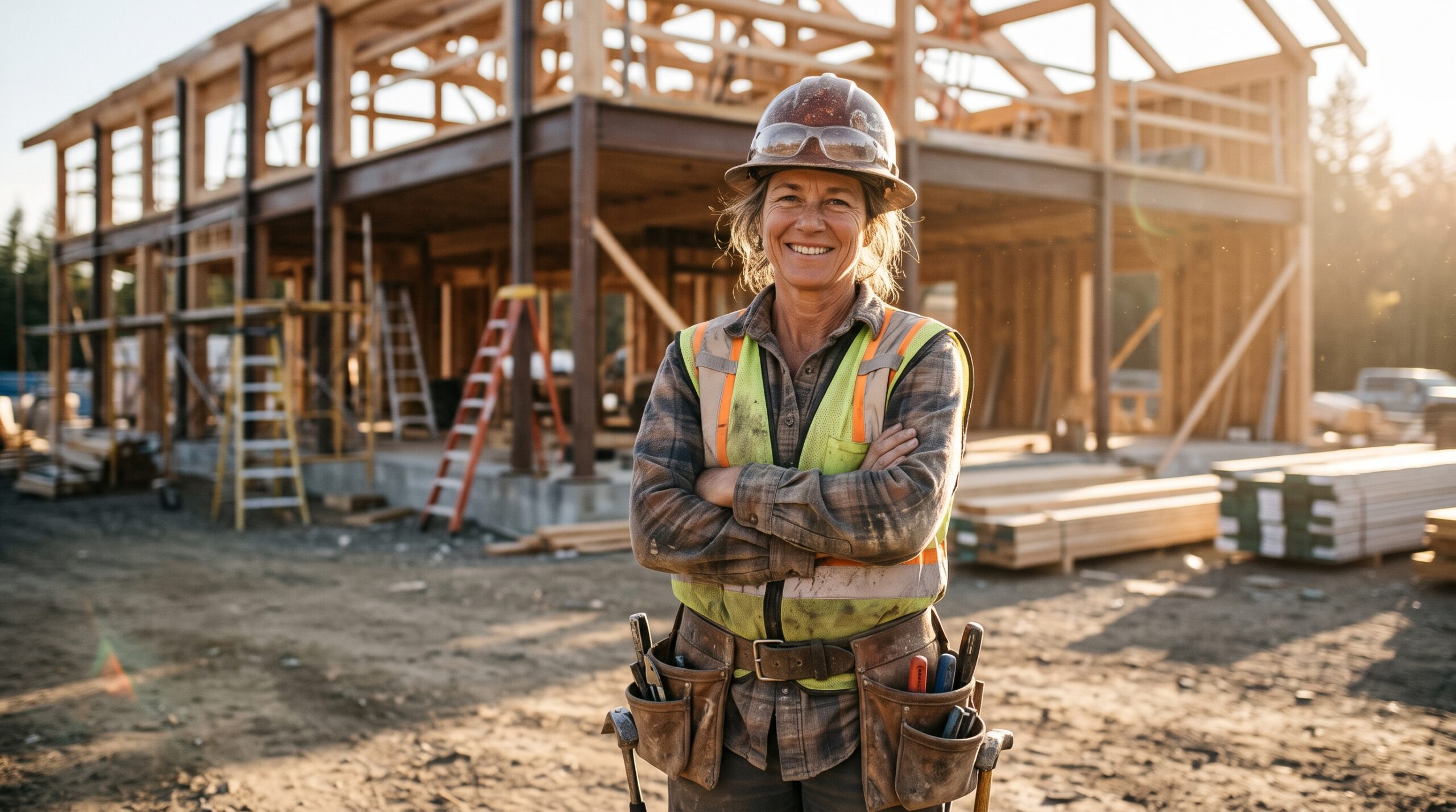 Smiling journeyworker in a hard hat and tool belt standing in front of a nearly finished building frame