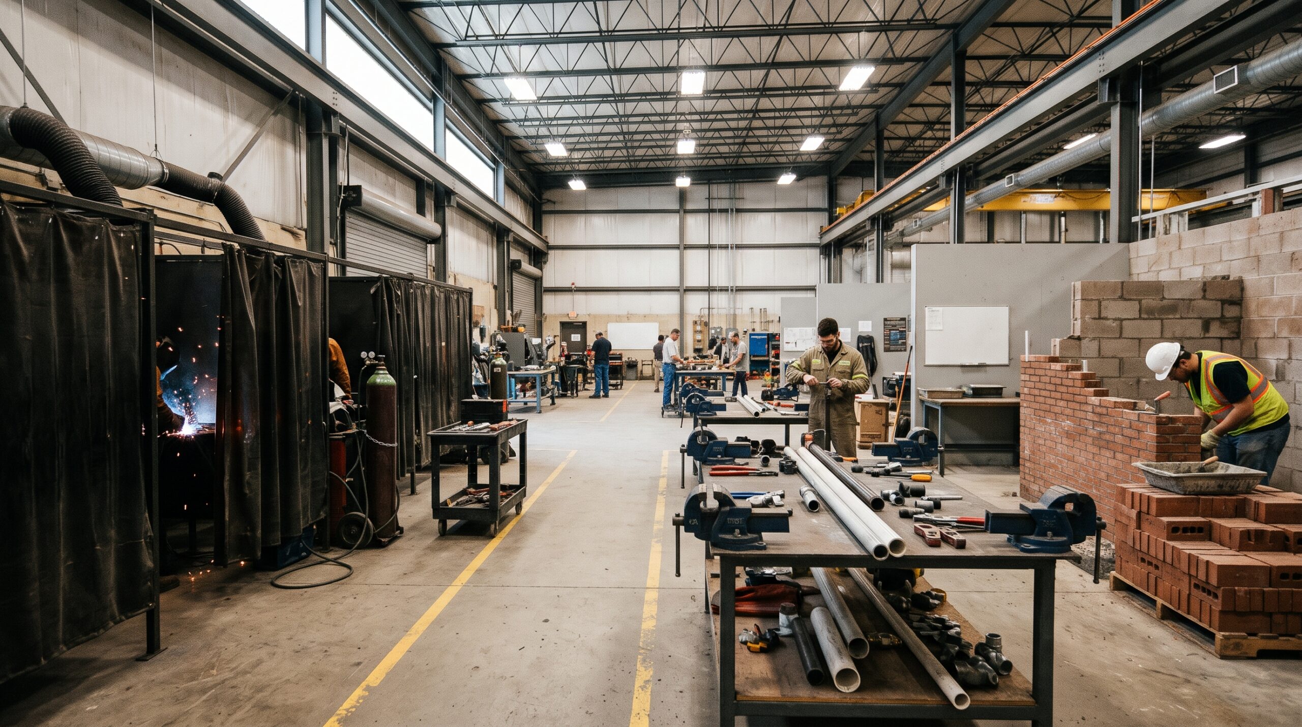 Training facility floor with a welding booth, a pipe-fitting bench, and a brick wall mock-up for different trades