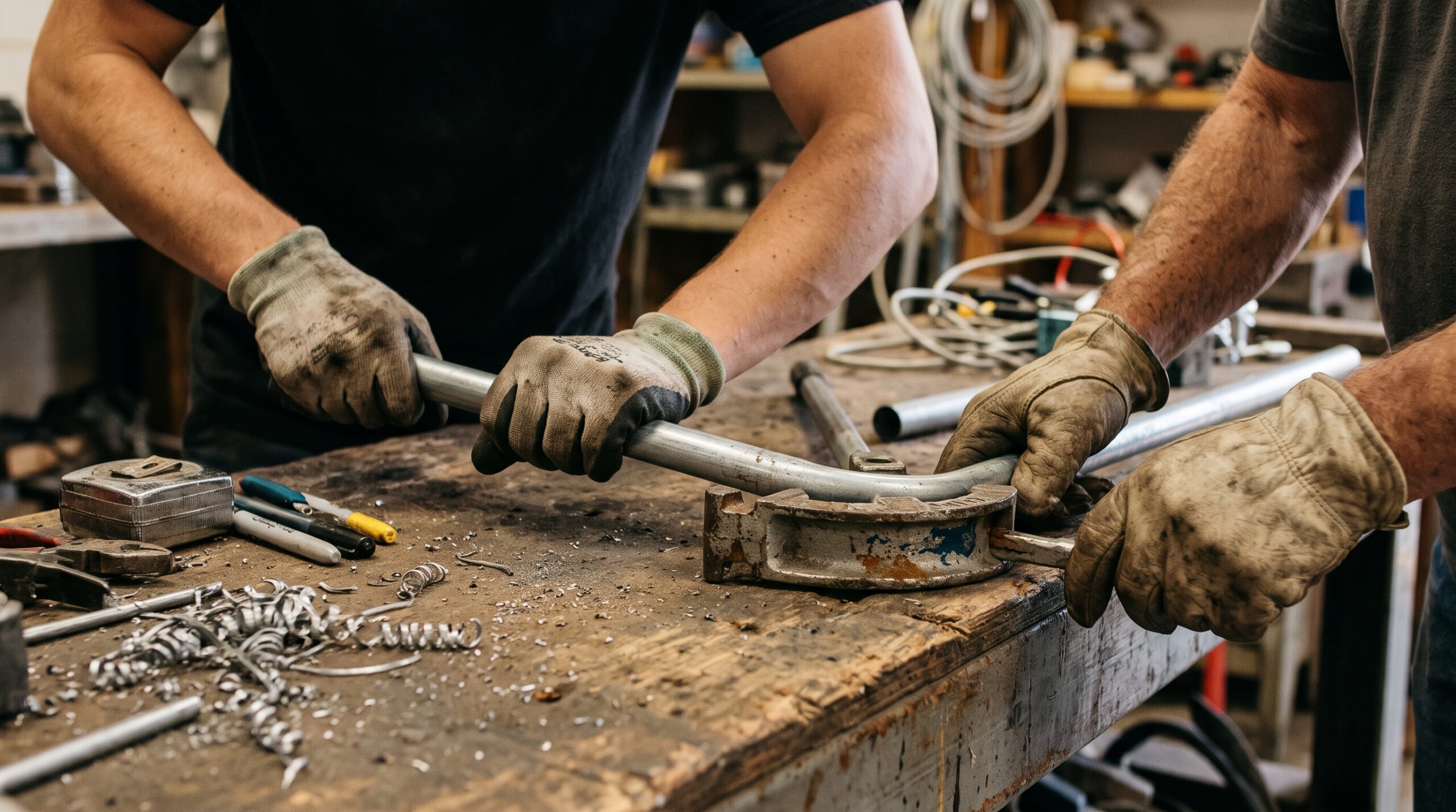 Gloved hands of an apprentice bending conduit at a workbench while an experienced worker guides him