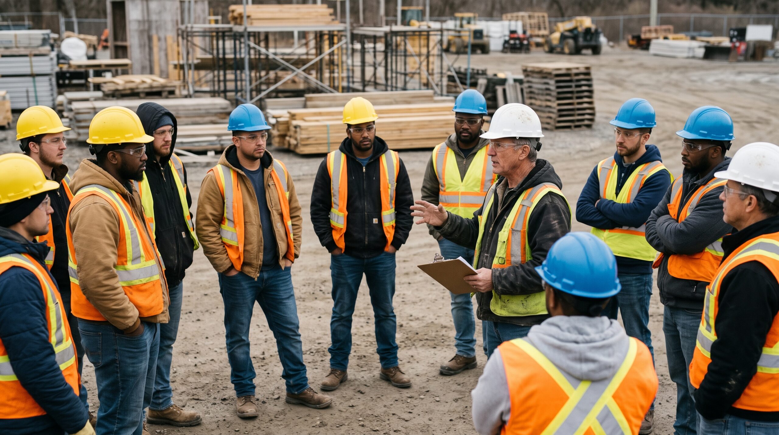Group of adult trainees in hard hats listening to an instructor in an outdoor construction training yard