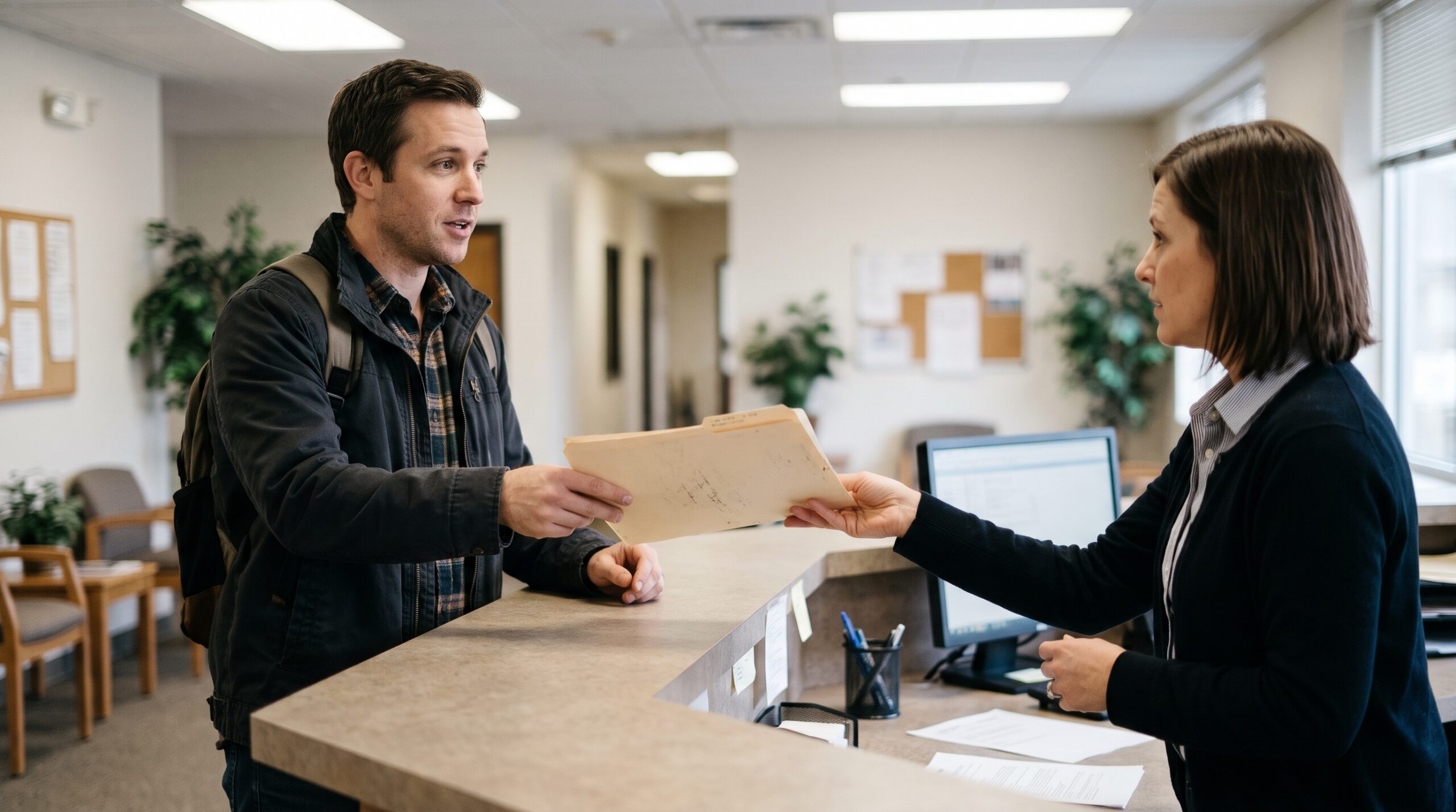 Man handing a folder of application paperwork to a staff member at a training center front desk